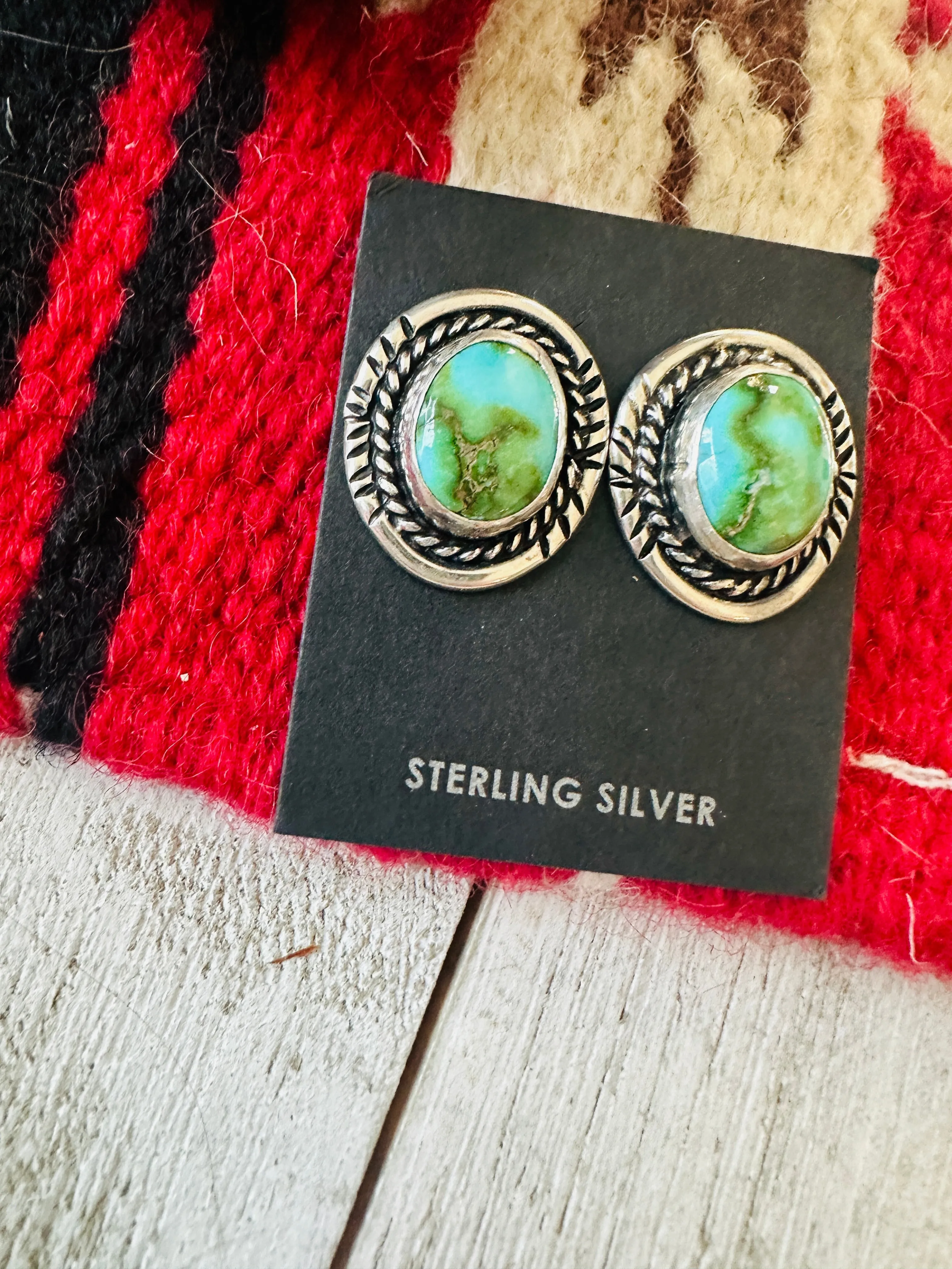 Navajo Sonoran Mountain Turquoise & Sterling Silver Stud Earrings Signed