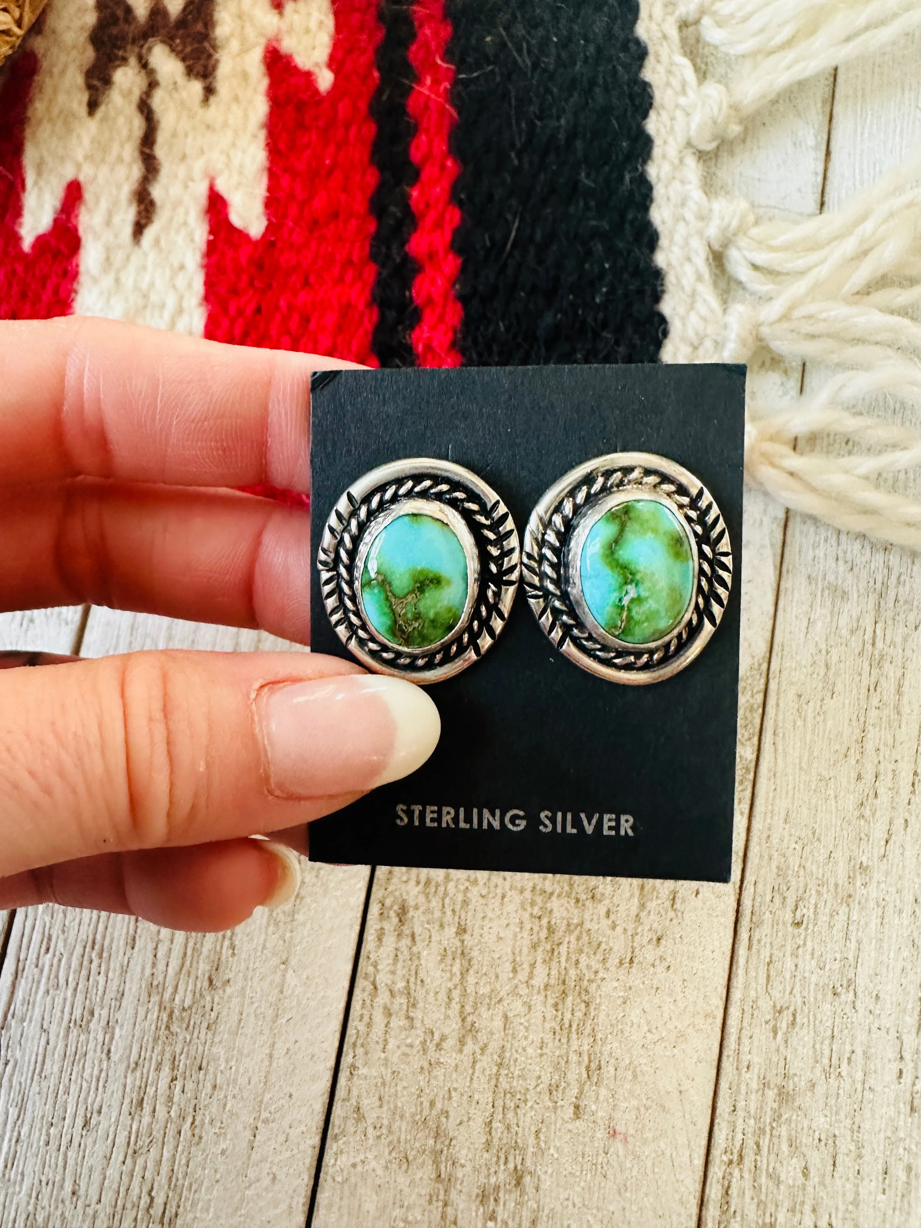 Navajo Sonoran Mountain Turquoise & Sterling Silver Stud Earrings Signed