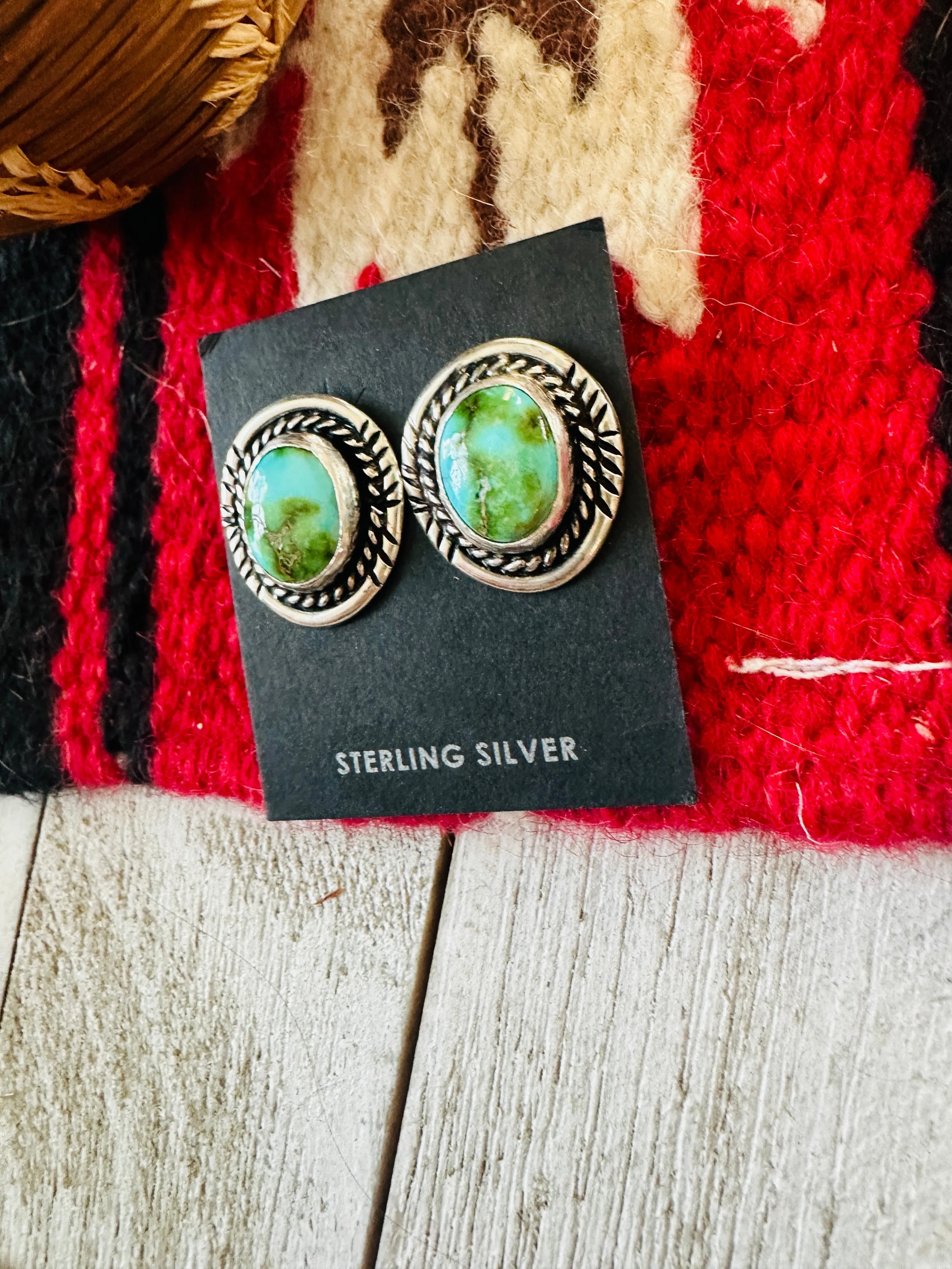 Navajo Sonoran Mountain Turquoise & Sterling Silver Stud Earrings Signed