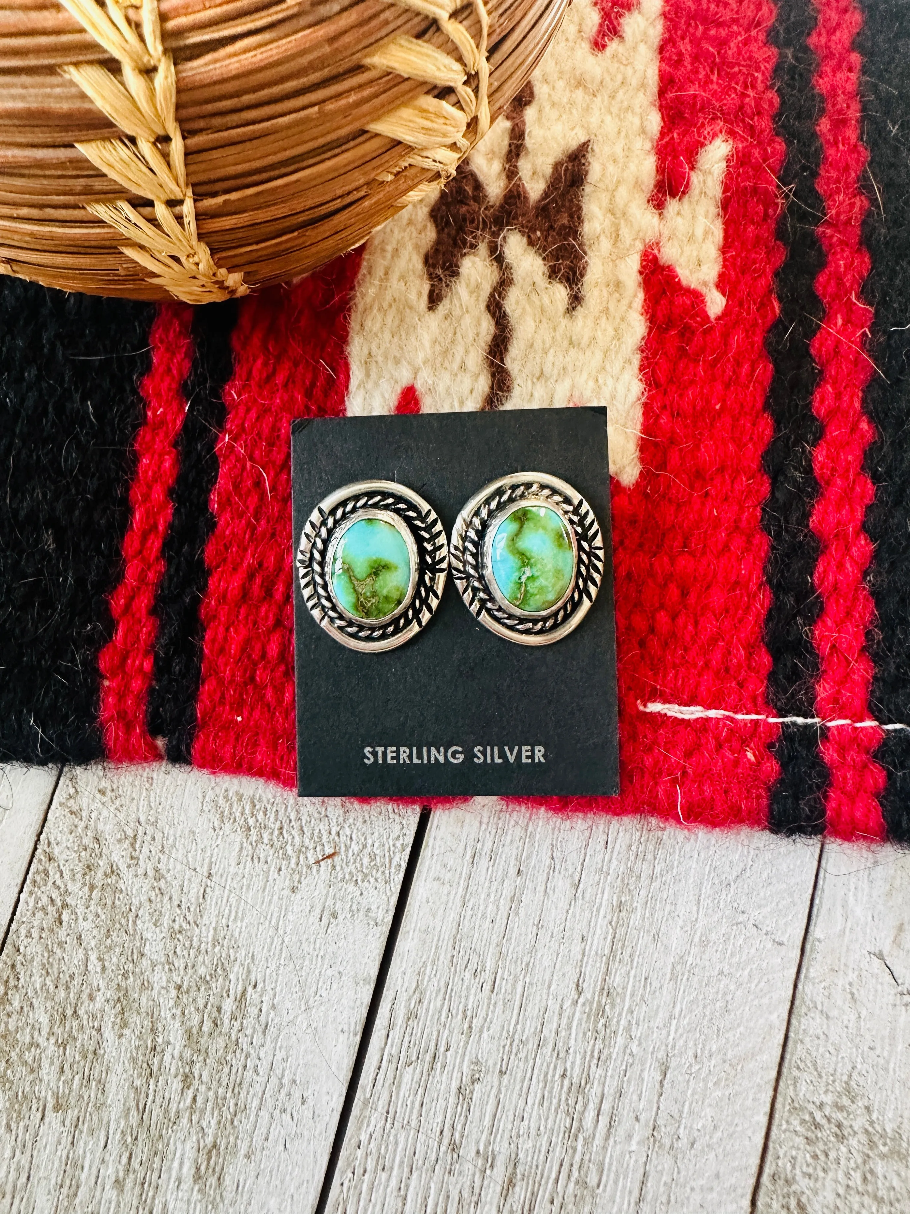 Navajo Sonoran Mountain Turquoise & Sterling Silver Stud Earrings Signed