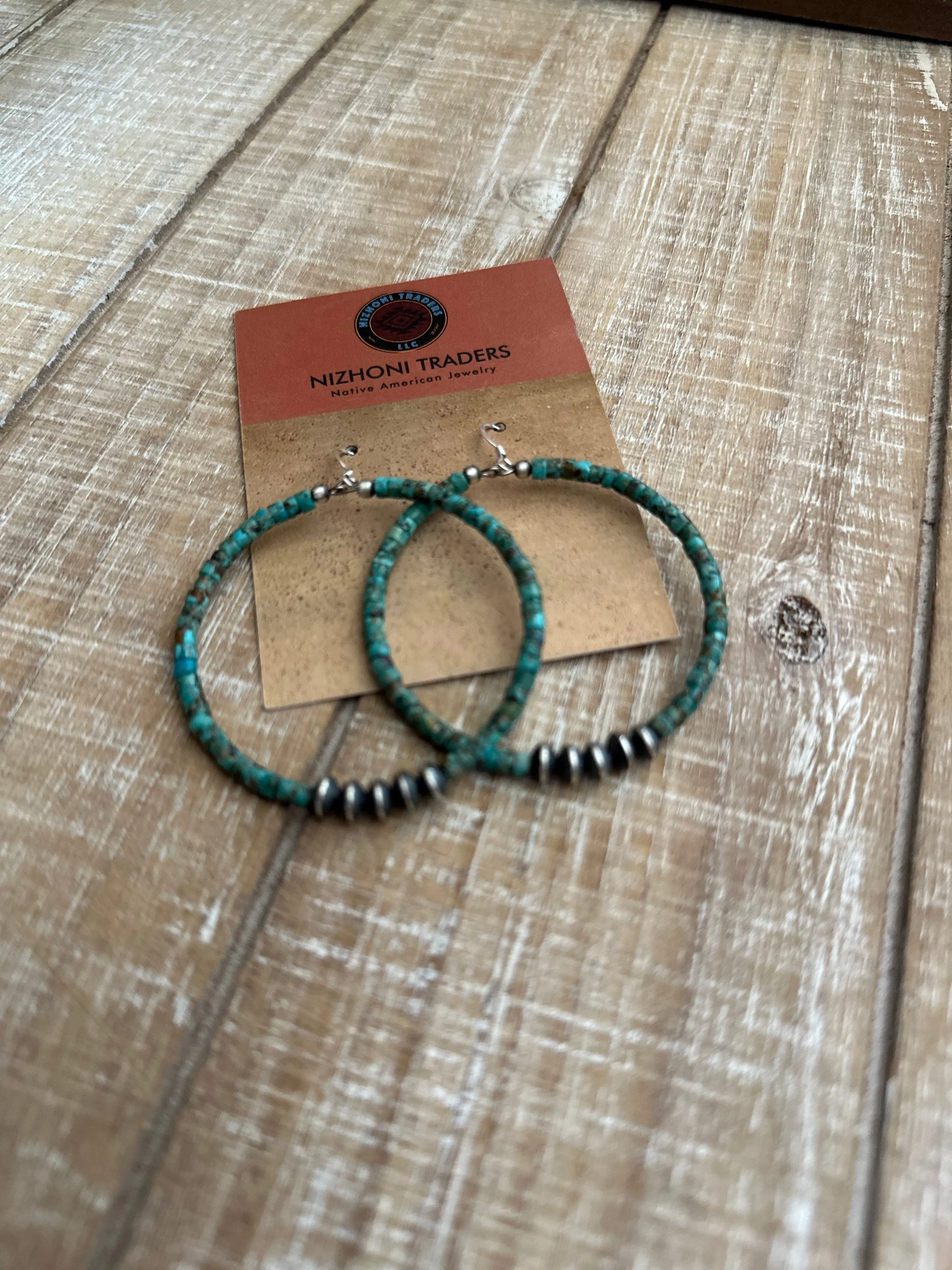 Navajo Sterling Silver and Royston Turquoise 2 inch Beaded Hoop Earrings