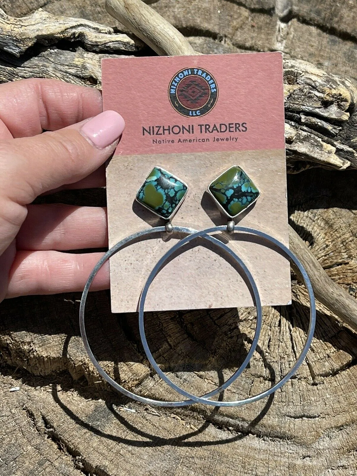 Navajo Tibetan Turquoise & Sterling Silver Dangle Hoop Earrings