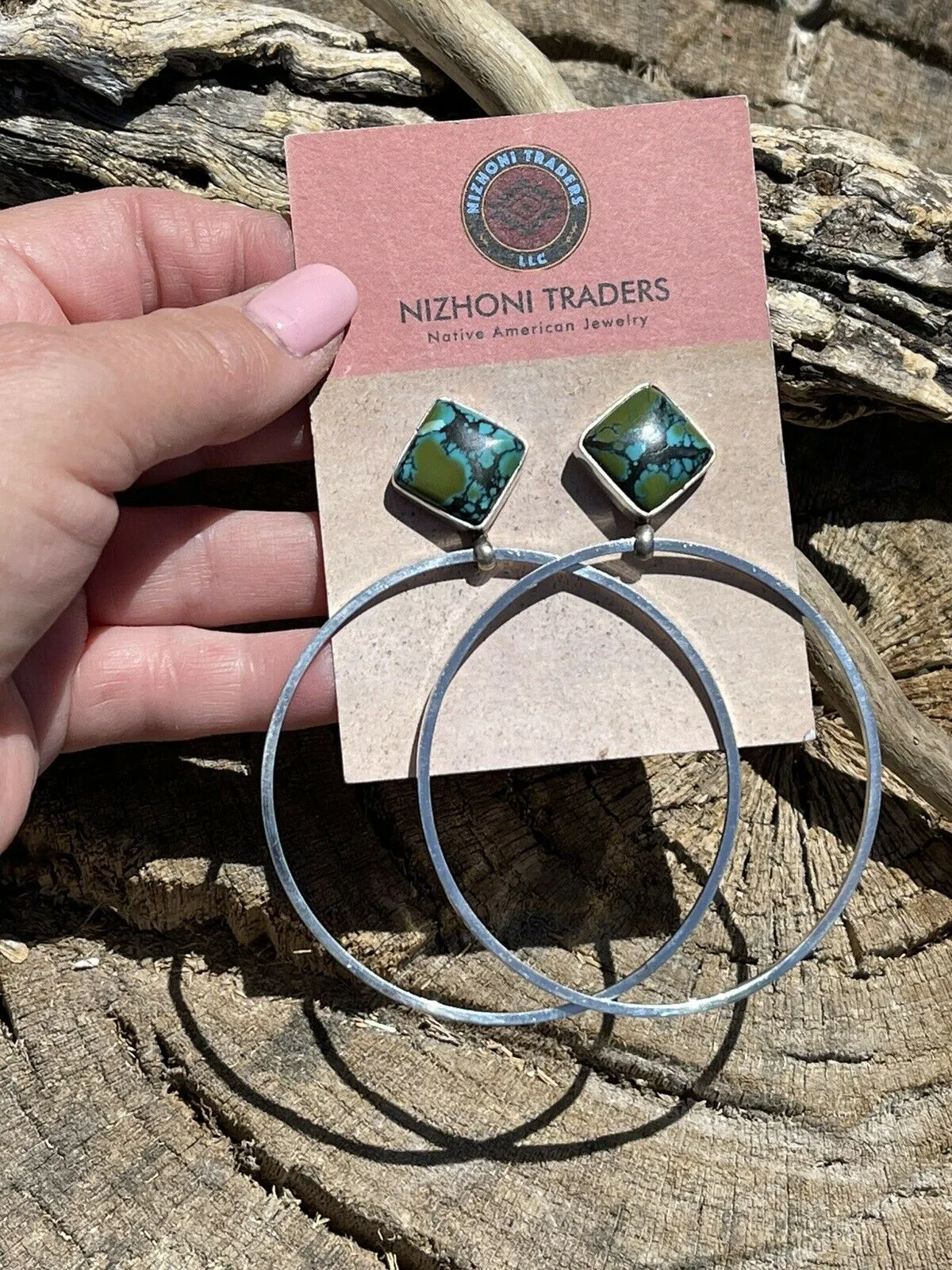 Navajo Tibetan Turquoise & Sterling Silver Dangle Hoop Earrings