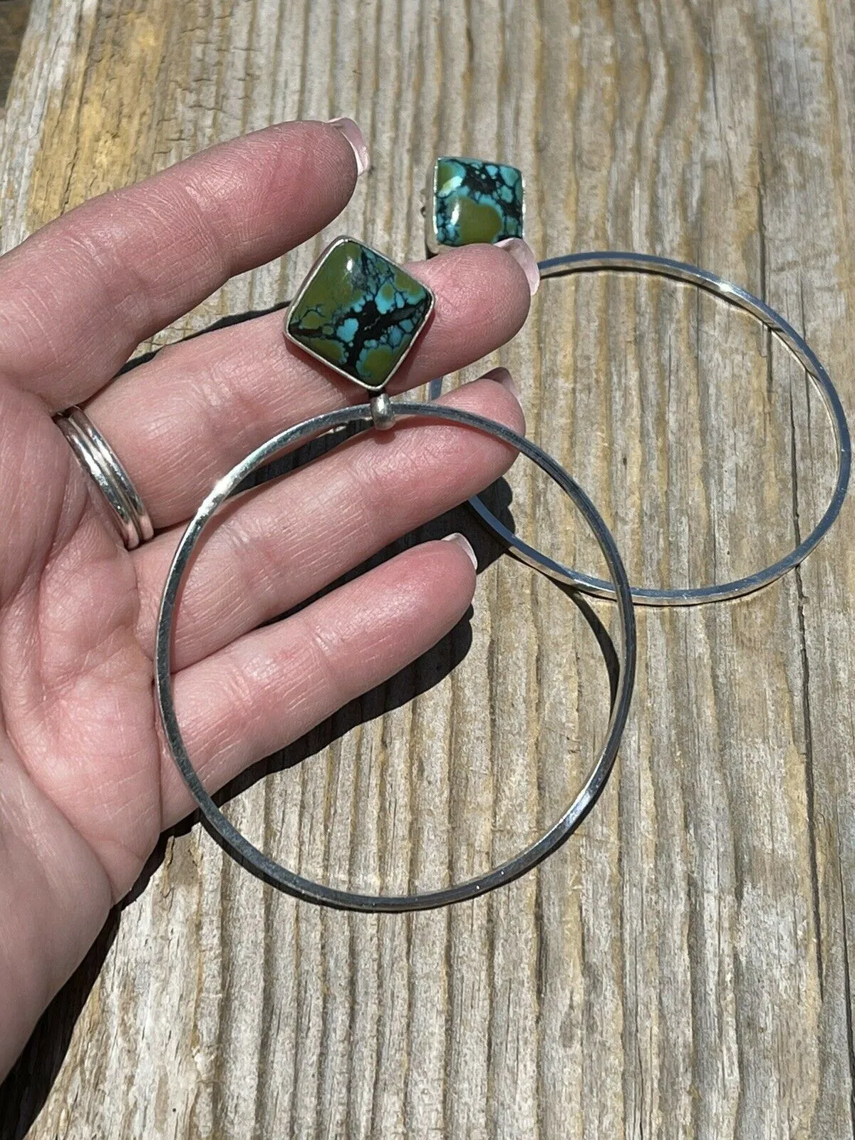 Navajo Tibetan Turquoise & Sterling Silver Dangle Hoop Earrings