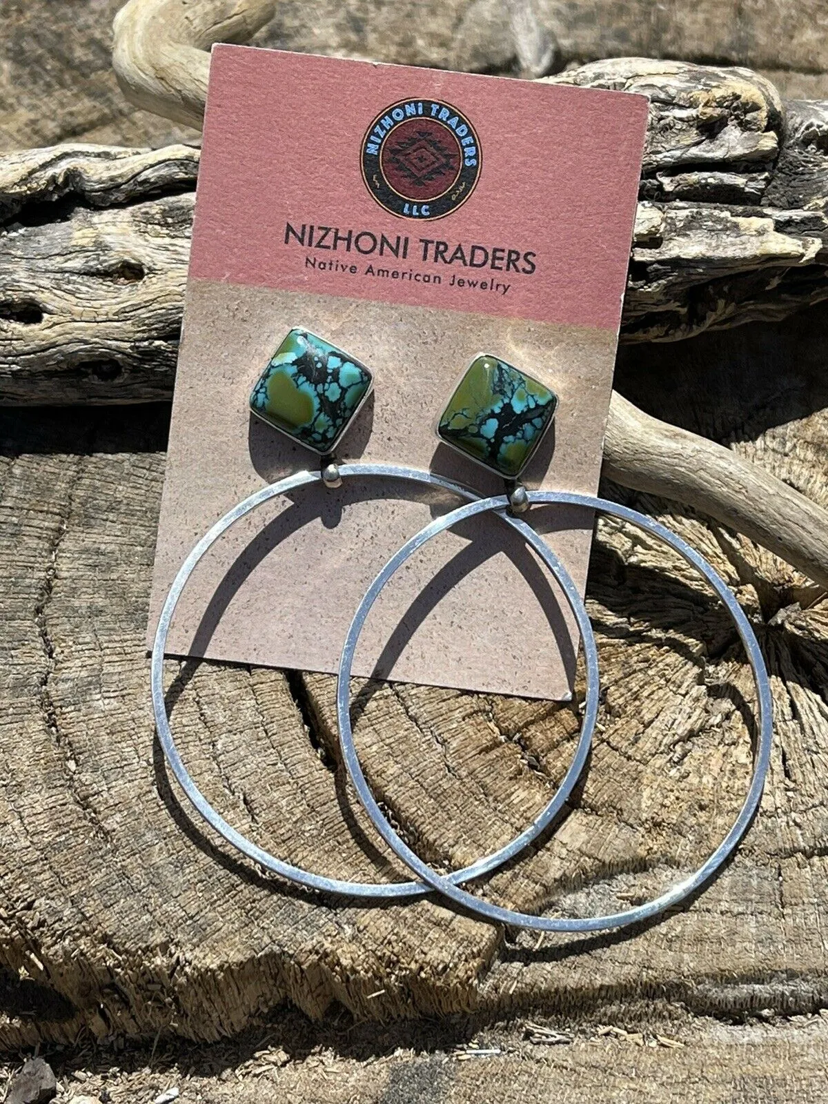 Navajo Tibetan Turquoise & Sterling Silver Dangle Hoop Earrings