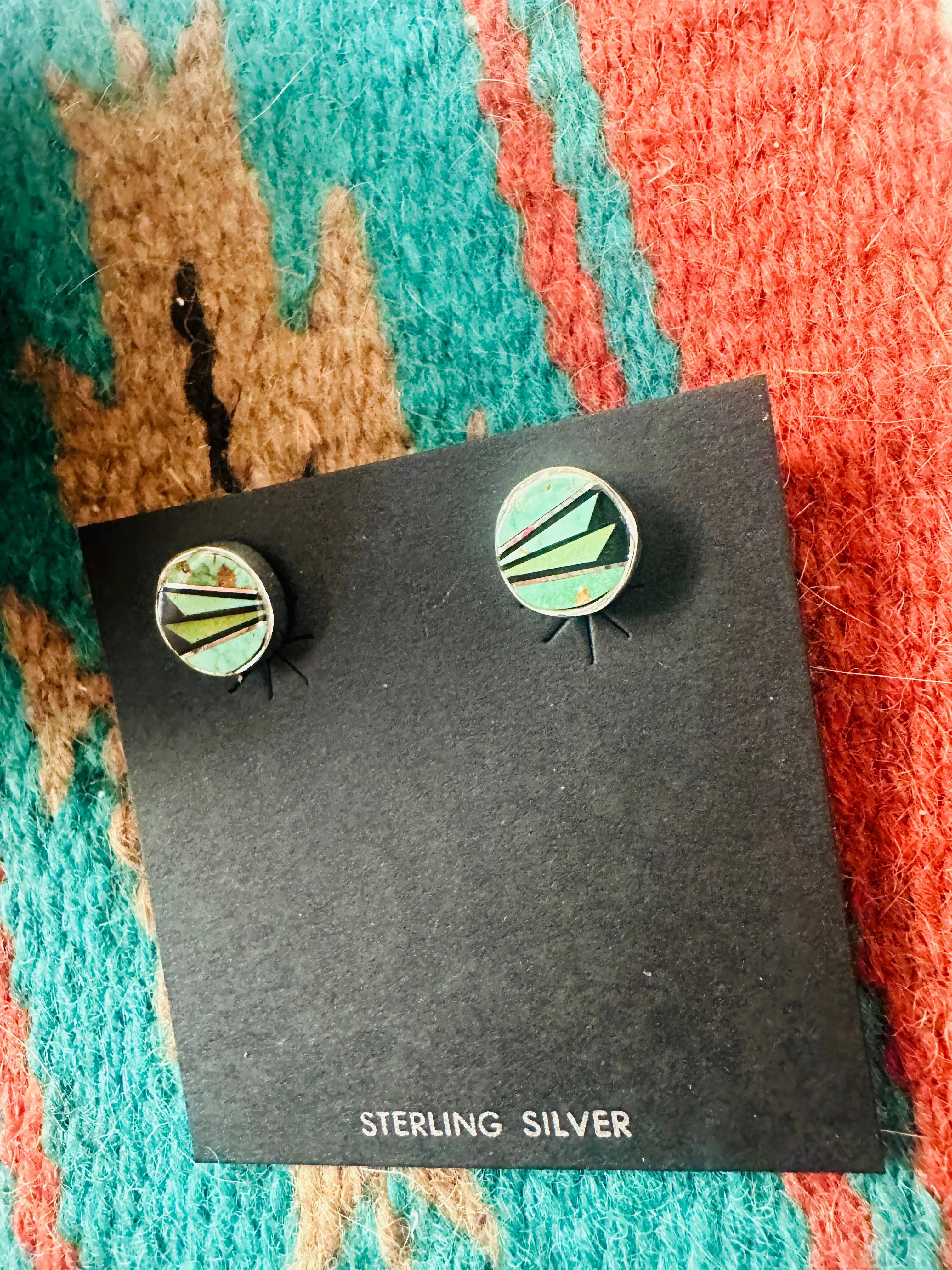 Navajo Turquoise, Onyx & Sterling Silver Inlay Stud Earrings