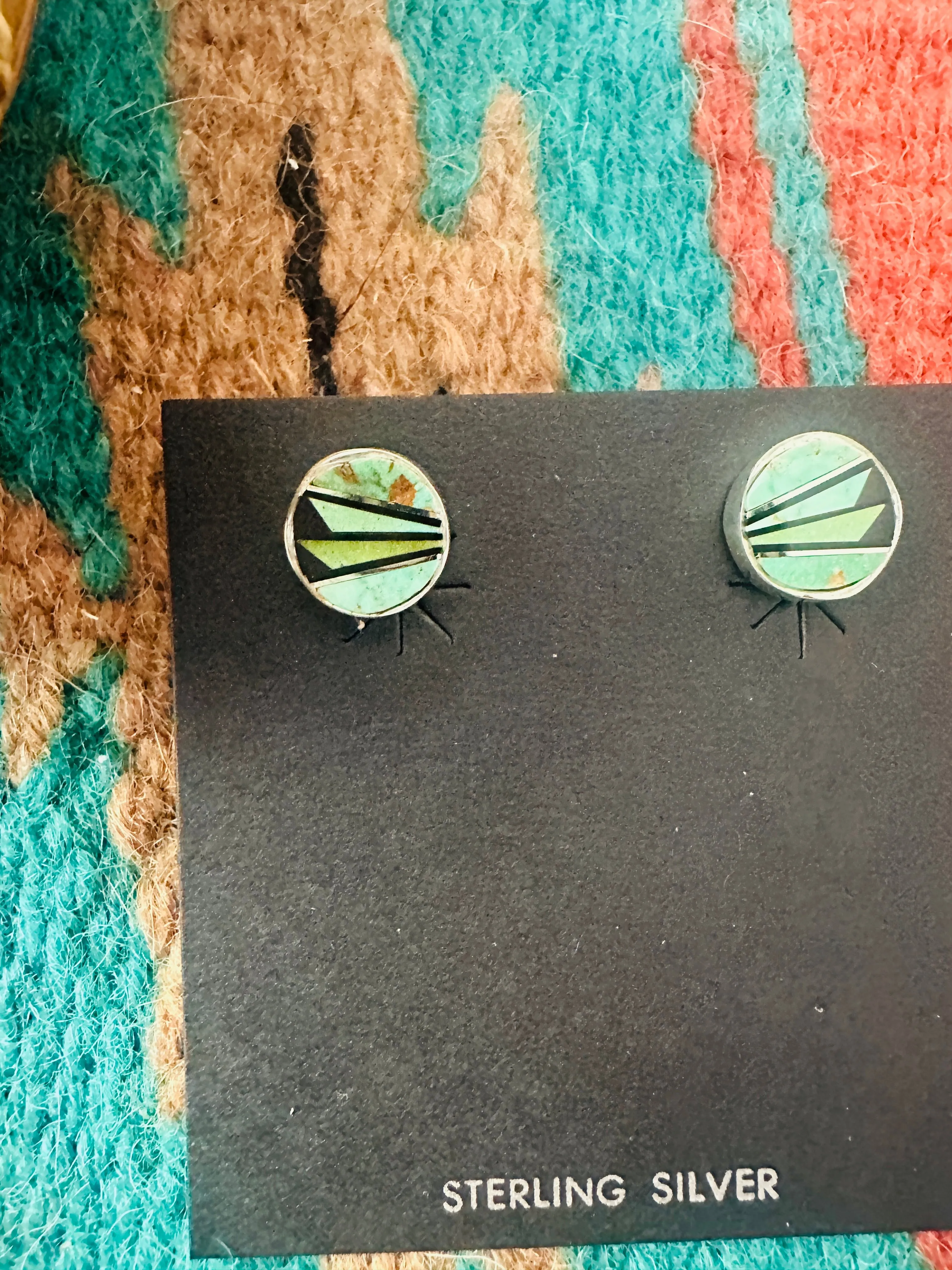 Navajo Turquoise, Onyx & Sterling Silver Inlay Stud Earrings