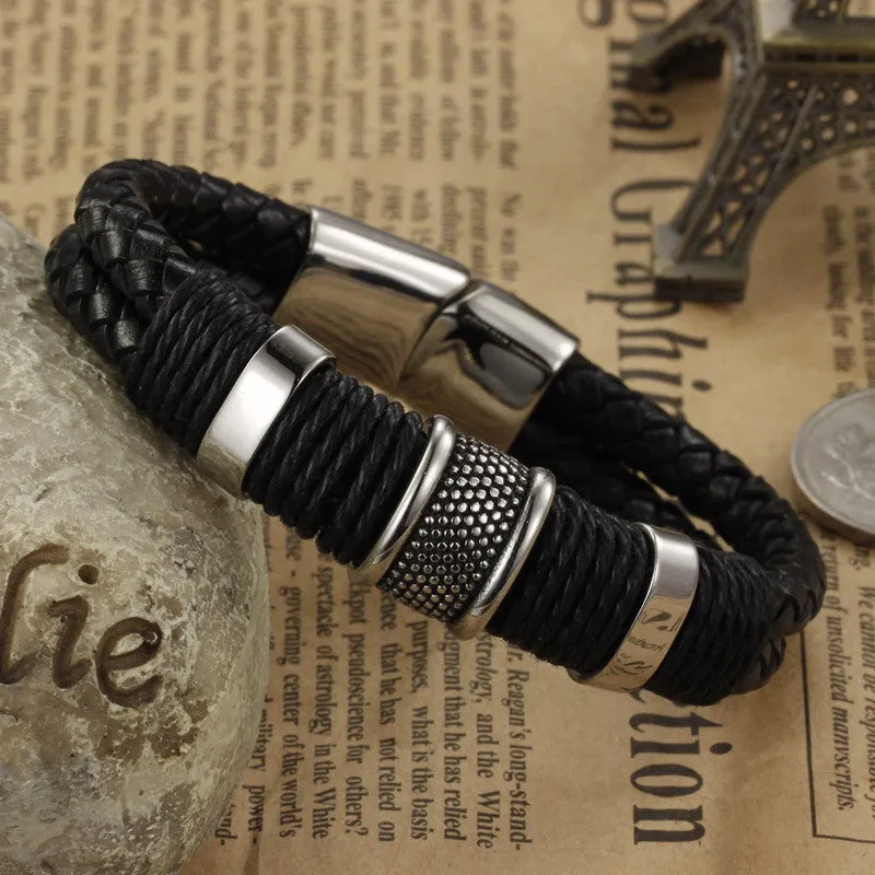 New Fashion Fine Jewelry Tide Men Leather Titanium Steel Male Vintage Bracelet