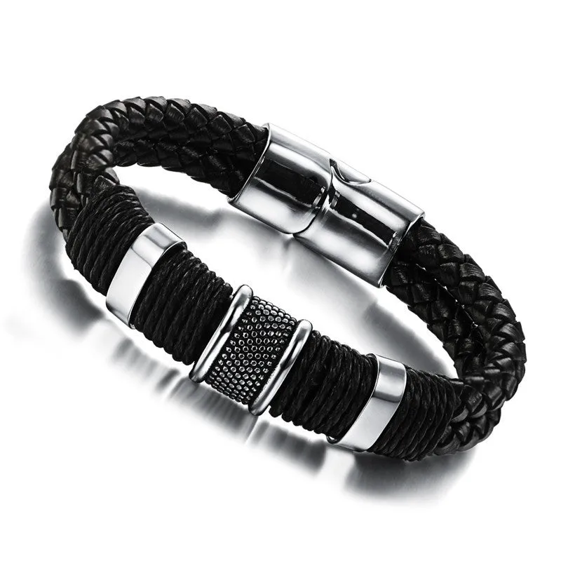 New Fashion Fine Jewelry Tide Men Leather Titanium Steel Male Vintage Bracelet