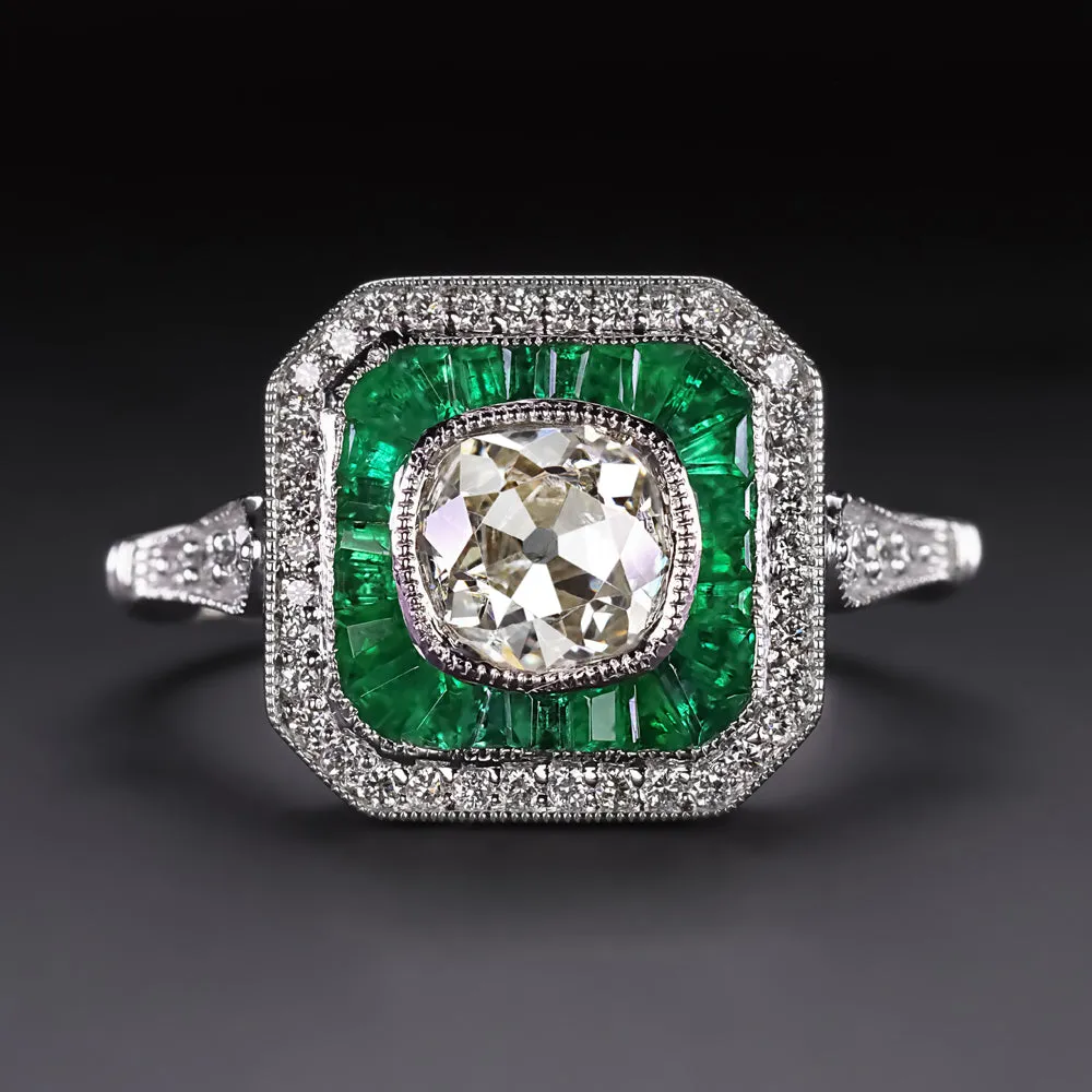 OLD MINE CUT DIAMOND EMERALD COCKTAIL RING VINTAGE STYLE WHITE GOLD CALIBRE HALO