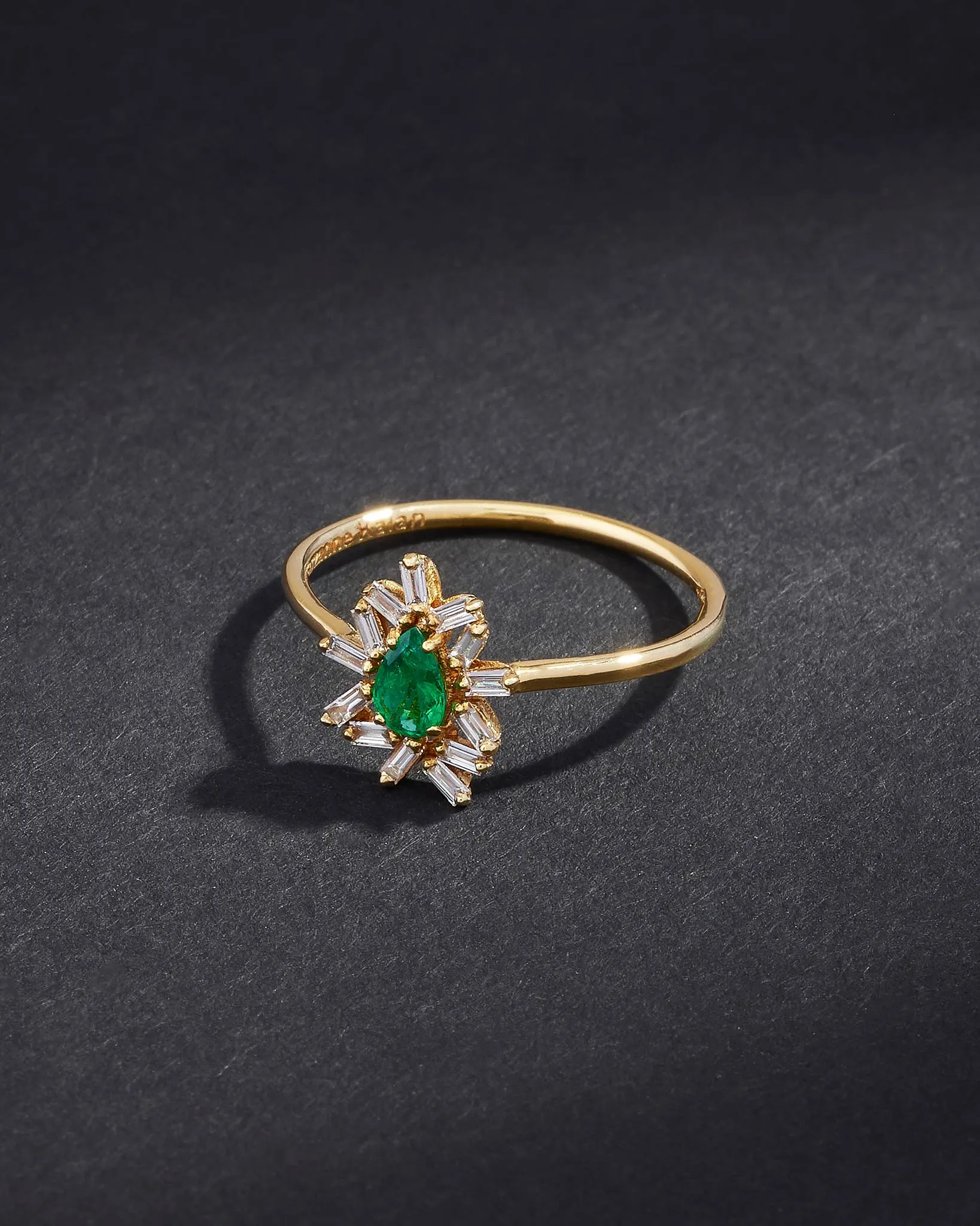 One of a Kind Pear Shaped Emerald and Baguette Diamond Ring