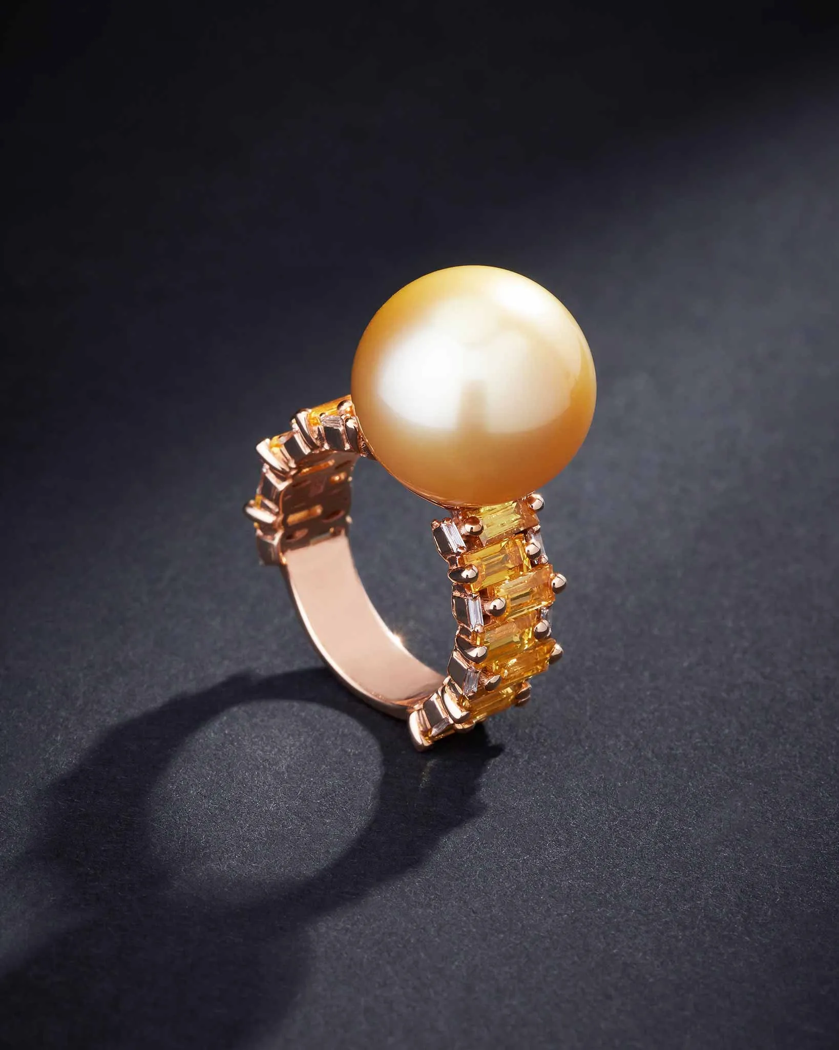 One of a Kind South Sea Golden Pearl Ring with Yellow Sapphires