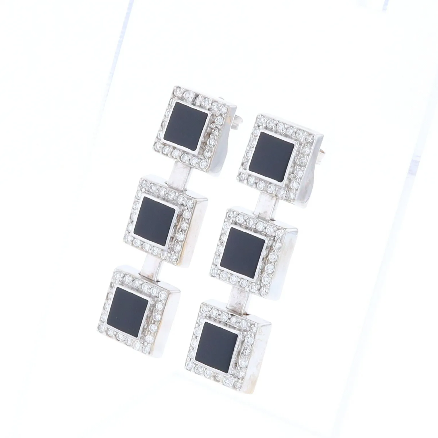 Onyx Square 3 Section Inlaid .84Ctw Diamond Earrings