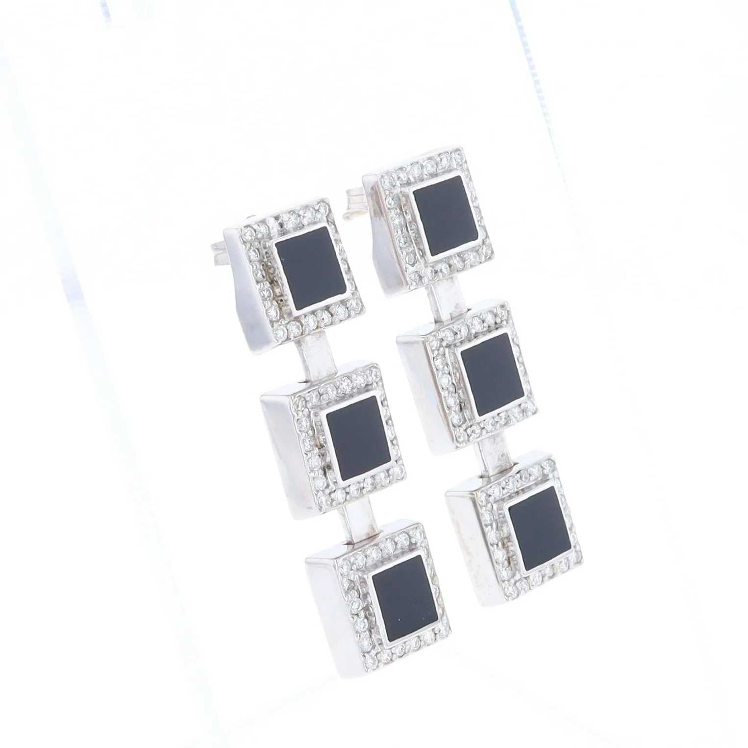 Onyx Square 3 Section Inlaid .84Ctw Diamond Earrings