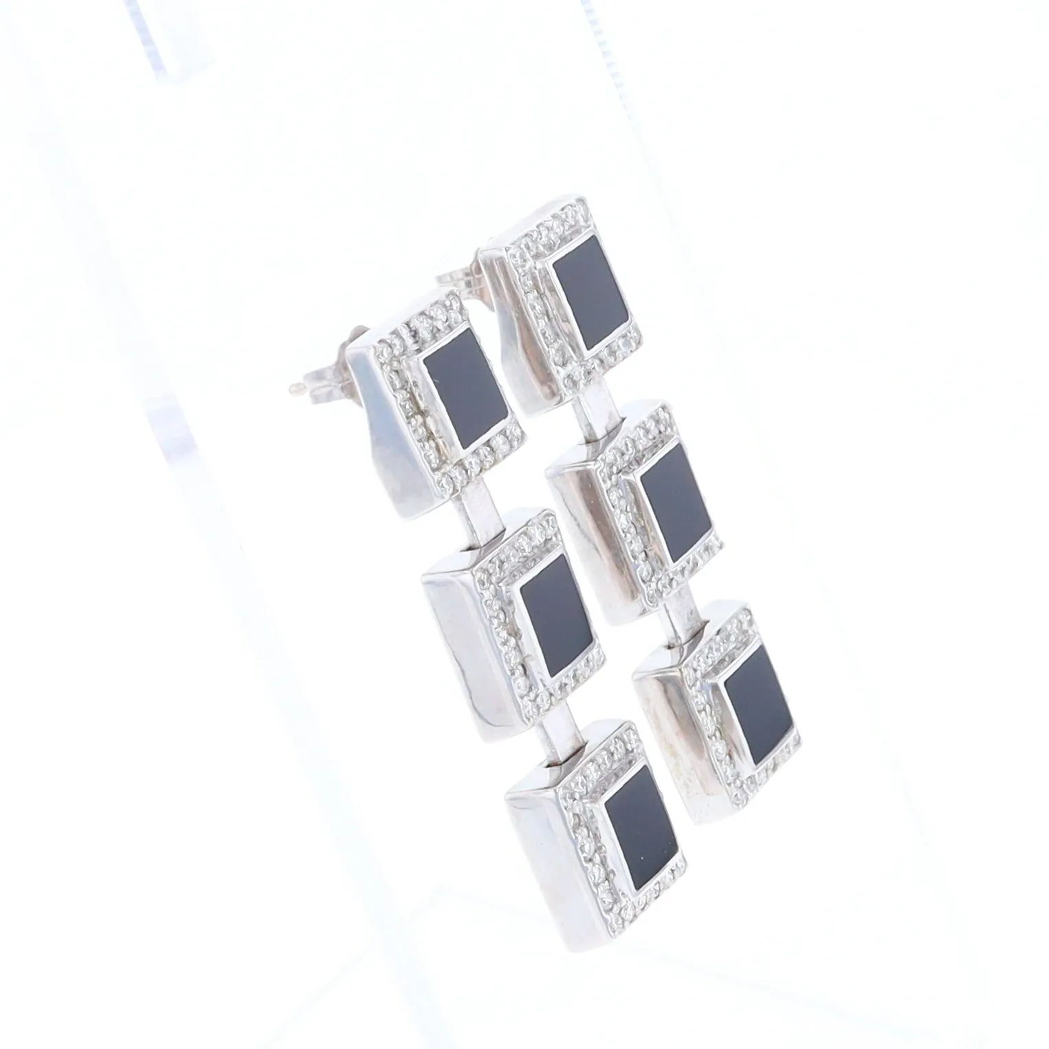 Onyx Square 3 Section Inlaid .84Ctw Diamond Earrings