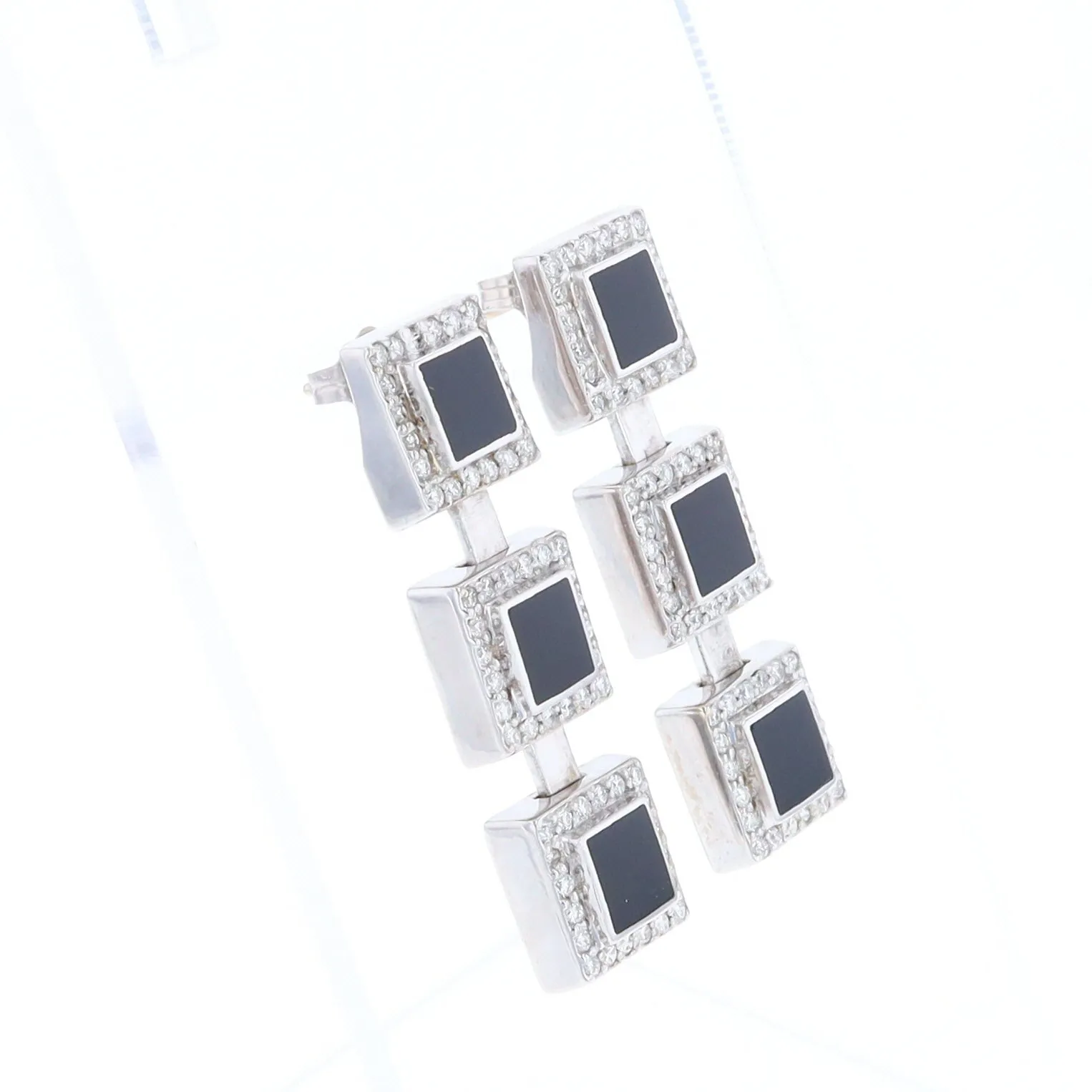 Onyx Square 3 Section Inlaid .84Ctw Diamond Earrings