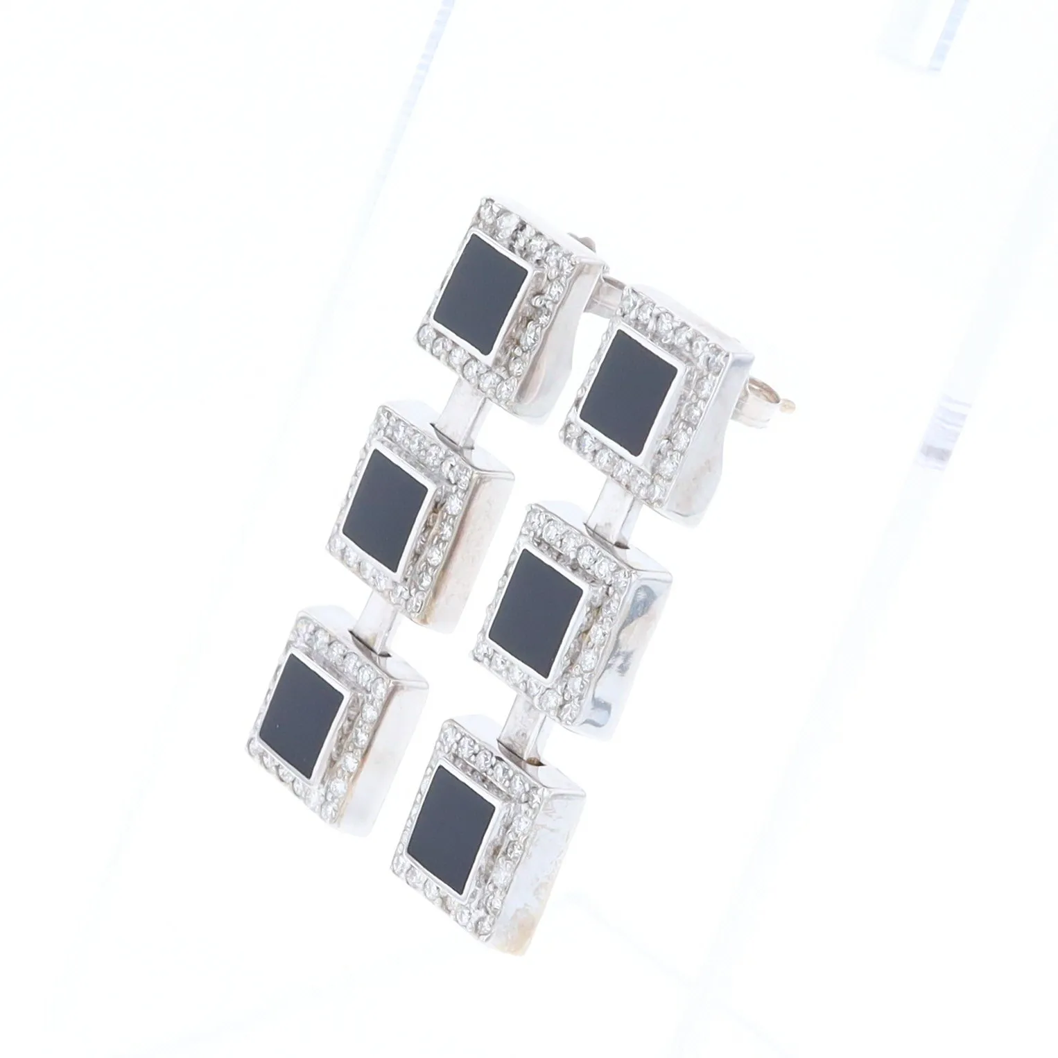 Onyx Square 3 Section Inlaid .84Ctw Diamond Earrings