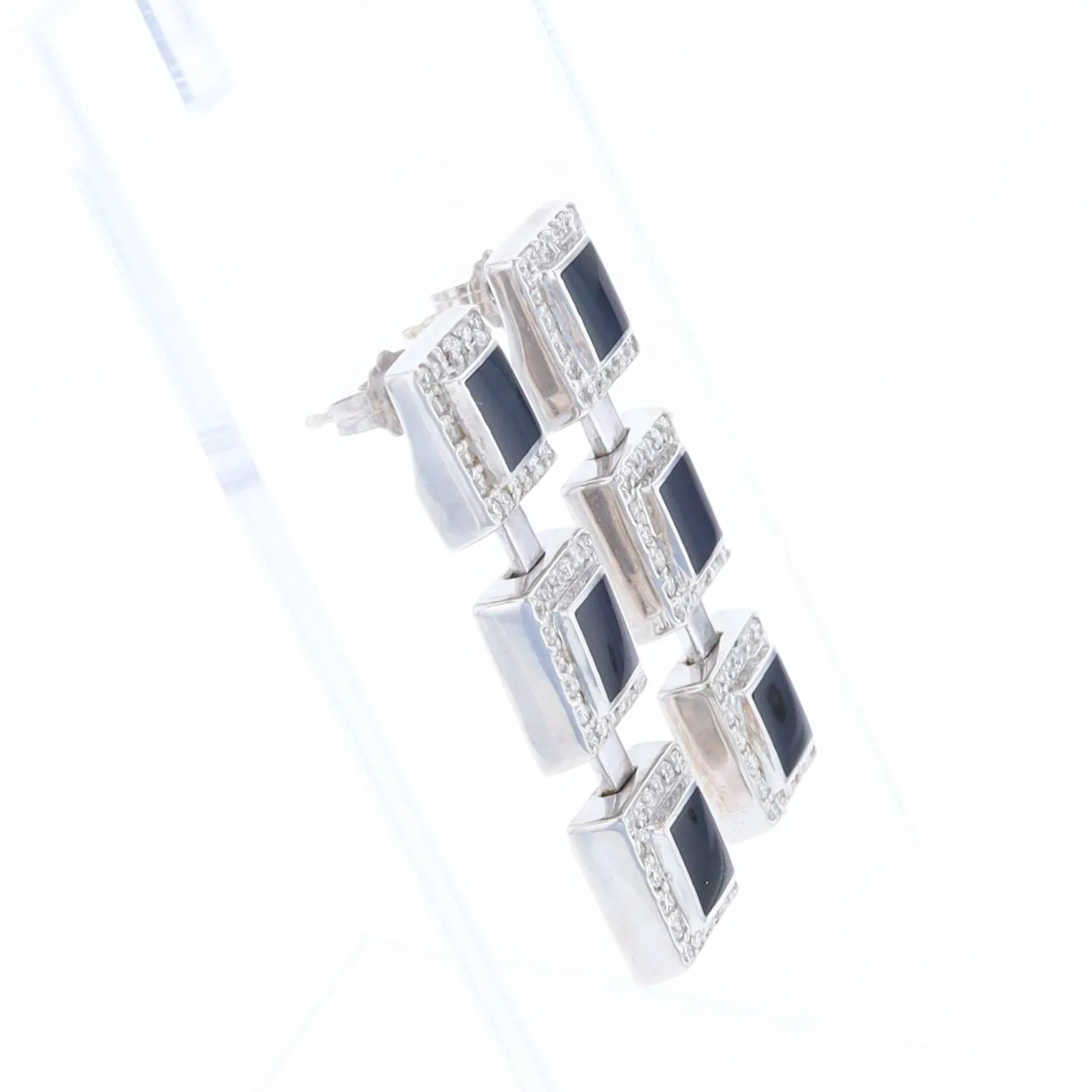 Onyx Square 3 Section Inlaid .84Ctw Diamond Earrings