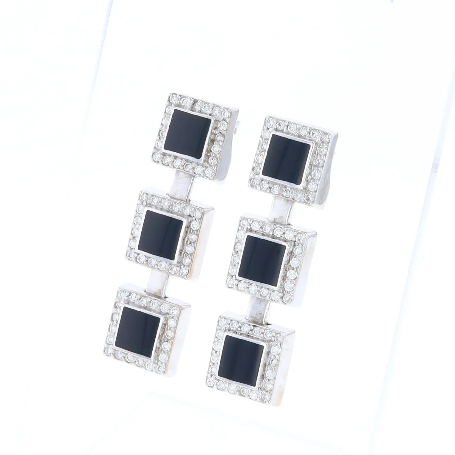 Onyx Square 3 Section Inlaid .84Ctw Diamond Earrings