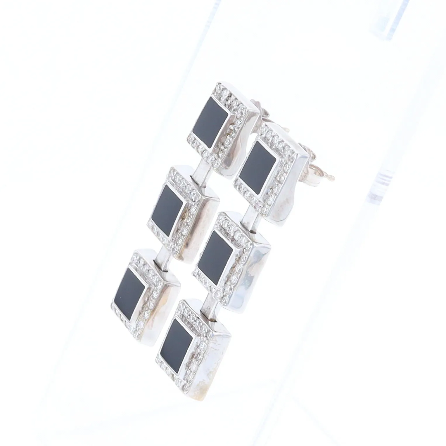 Onyx Square 3 Section Inlaid .84Ctw Diamond Earrings