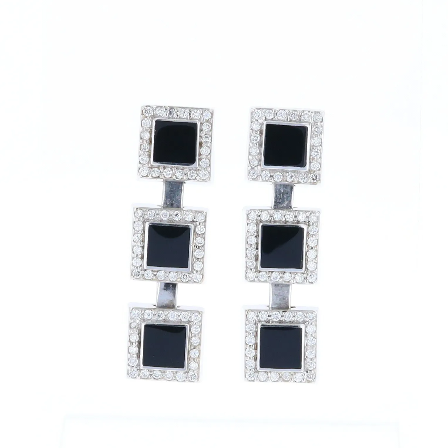 Onyx Square 3 Section Inlaid .84Ctw Diamond Earrings