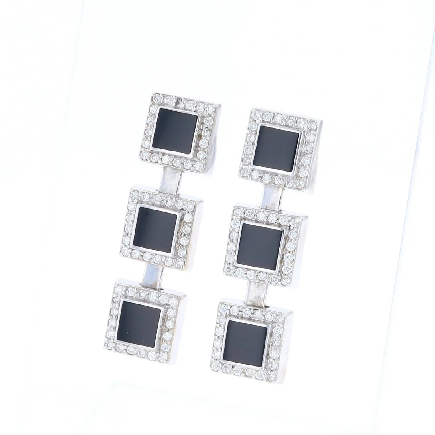 Onyx Square 3 Section Inlaid .84Ctw Diamond Earrings