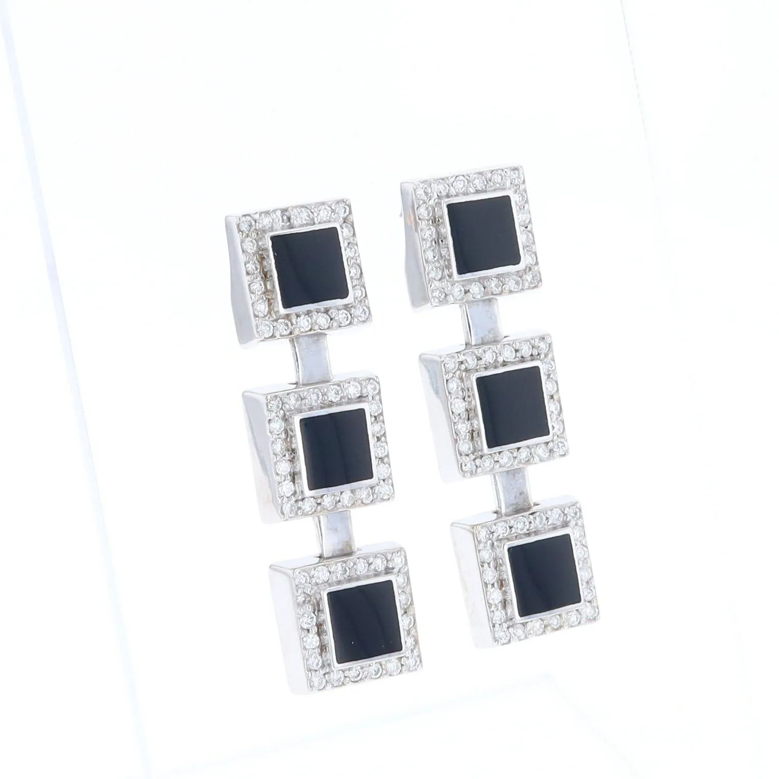 Onyx Square 3 Section Inlaid .84Ctw Diamond Earrings