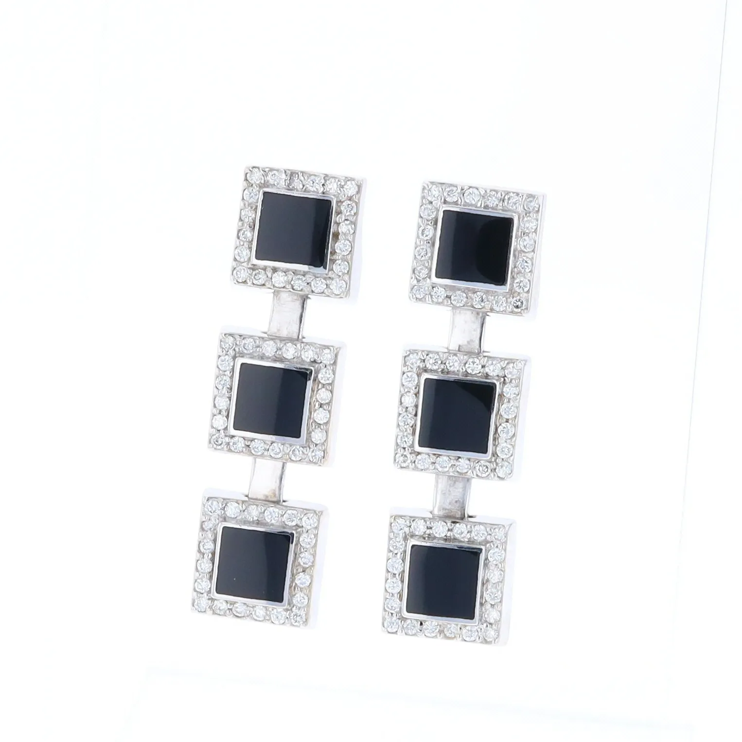 Onyx Square 3 Section Inlaid .84Ctw Diamond Earrings