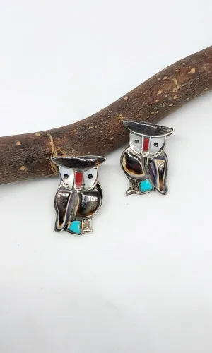 OWL LOVE Vintage 70s Silver Inlay Earrings, Zuni Style