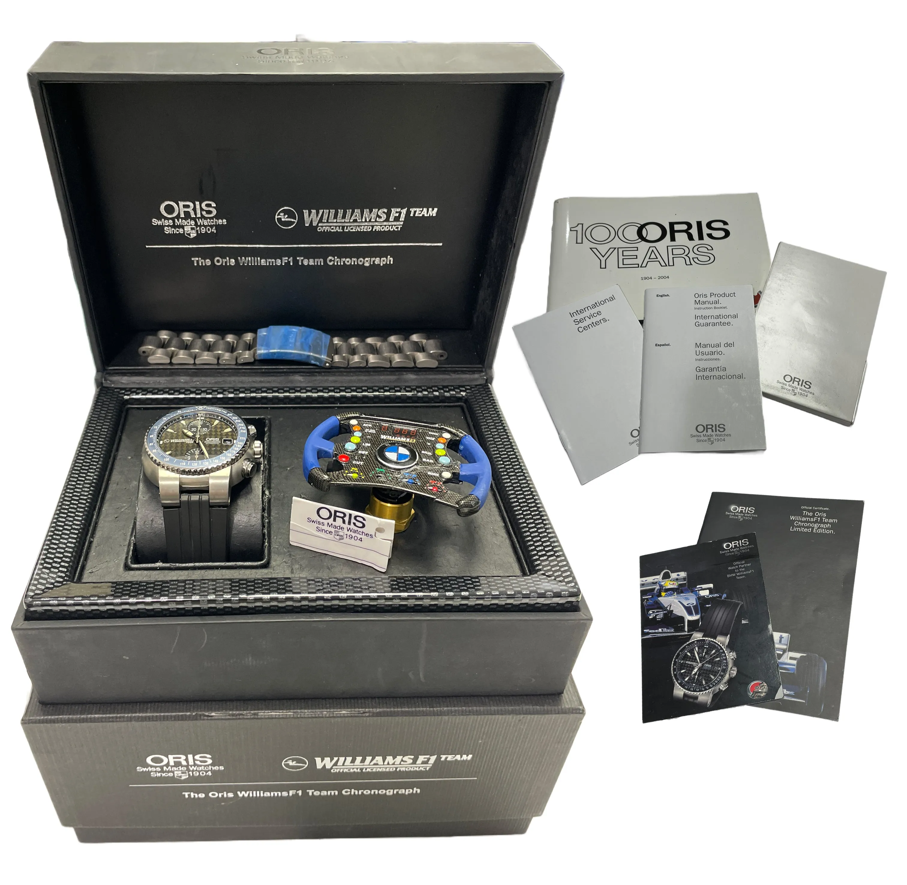 PAPERS Oris F1 Williams BMW Team Chronograph 7556 Titanium 44mm LTD Watch BOX