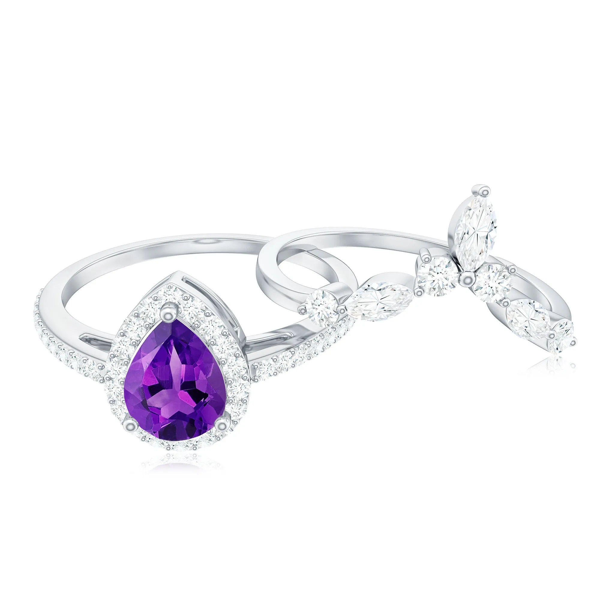 Pear Cut Amethyst Designer Bridal Ring Set with Moissanite