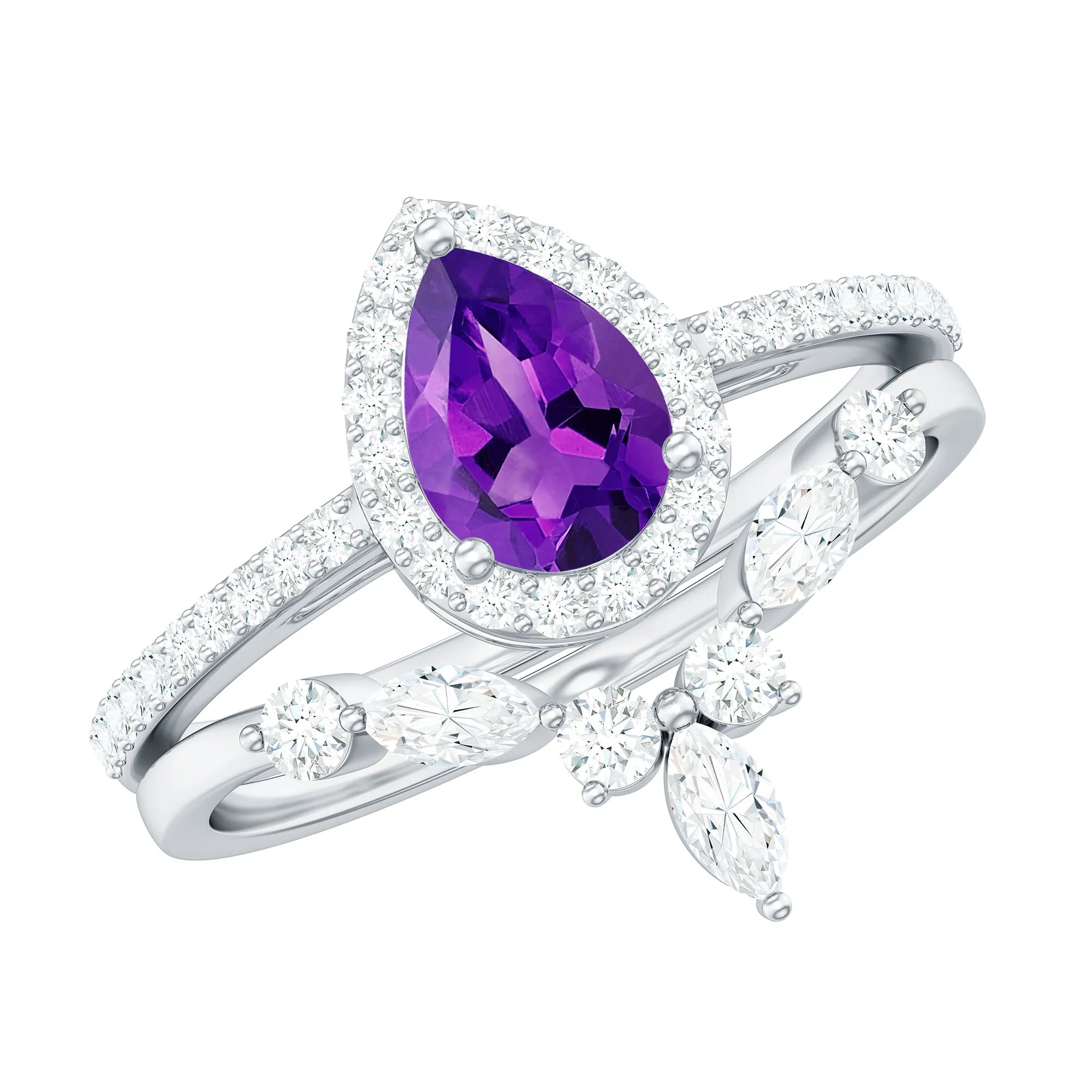 Pear Cut Amethyst Designer Bridal Ring Set with Moissanite