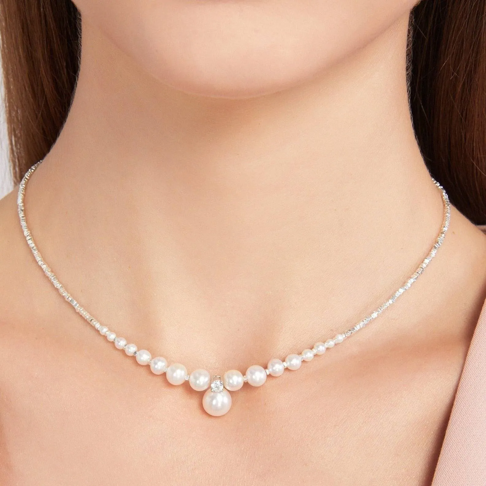 Pearl Pendant Silver Shards Necklace