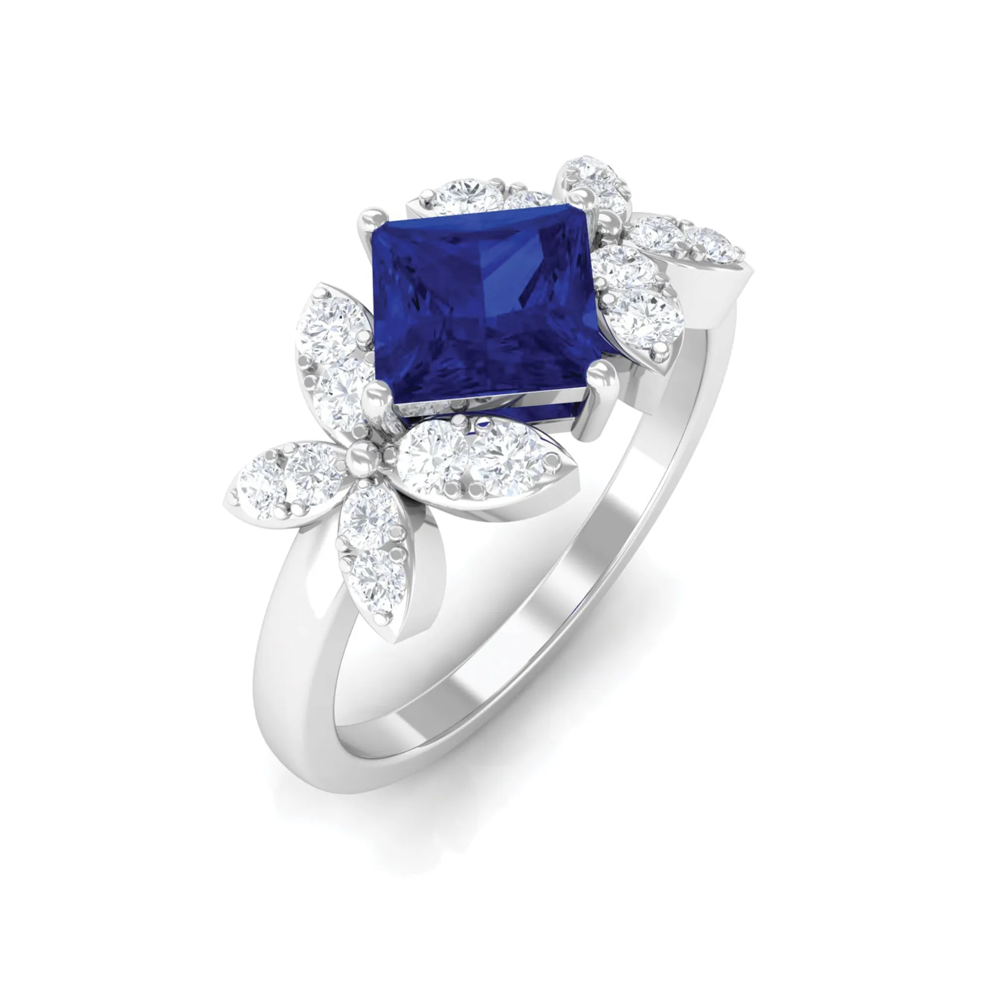 Princess Cut Created Blue Sapphire and Diamond Floral Engagement Ring