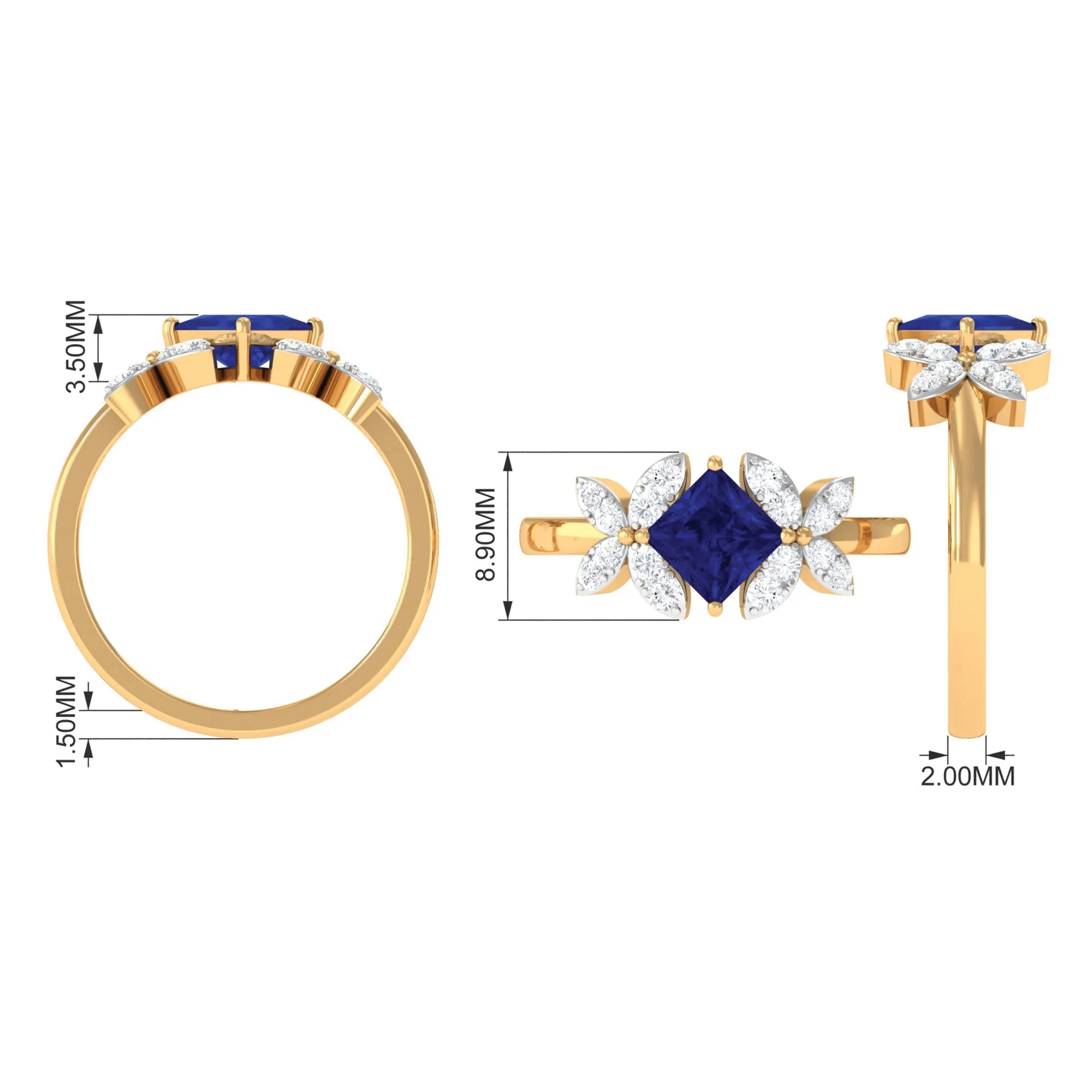 Princess Cut Created Blue Sapphire and Diamond Floral Engagement Ring