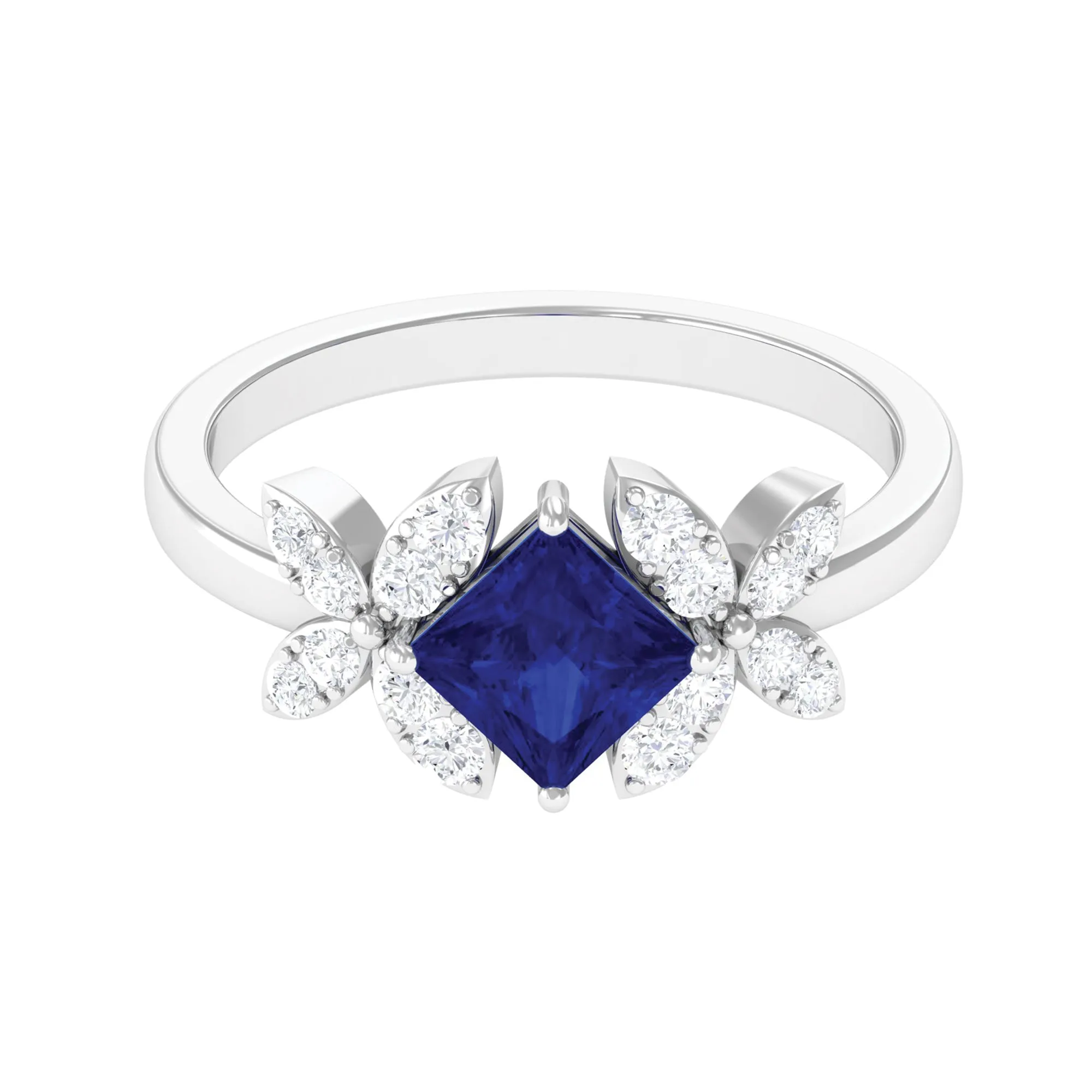 Princess Cut Created Blue Sapphire and Diamond Floral Engagement Ring