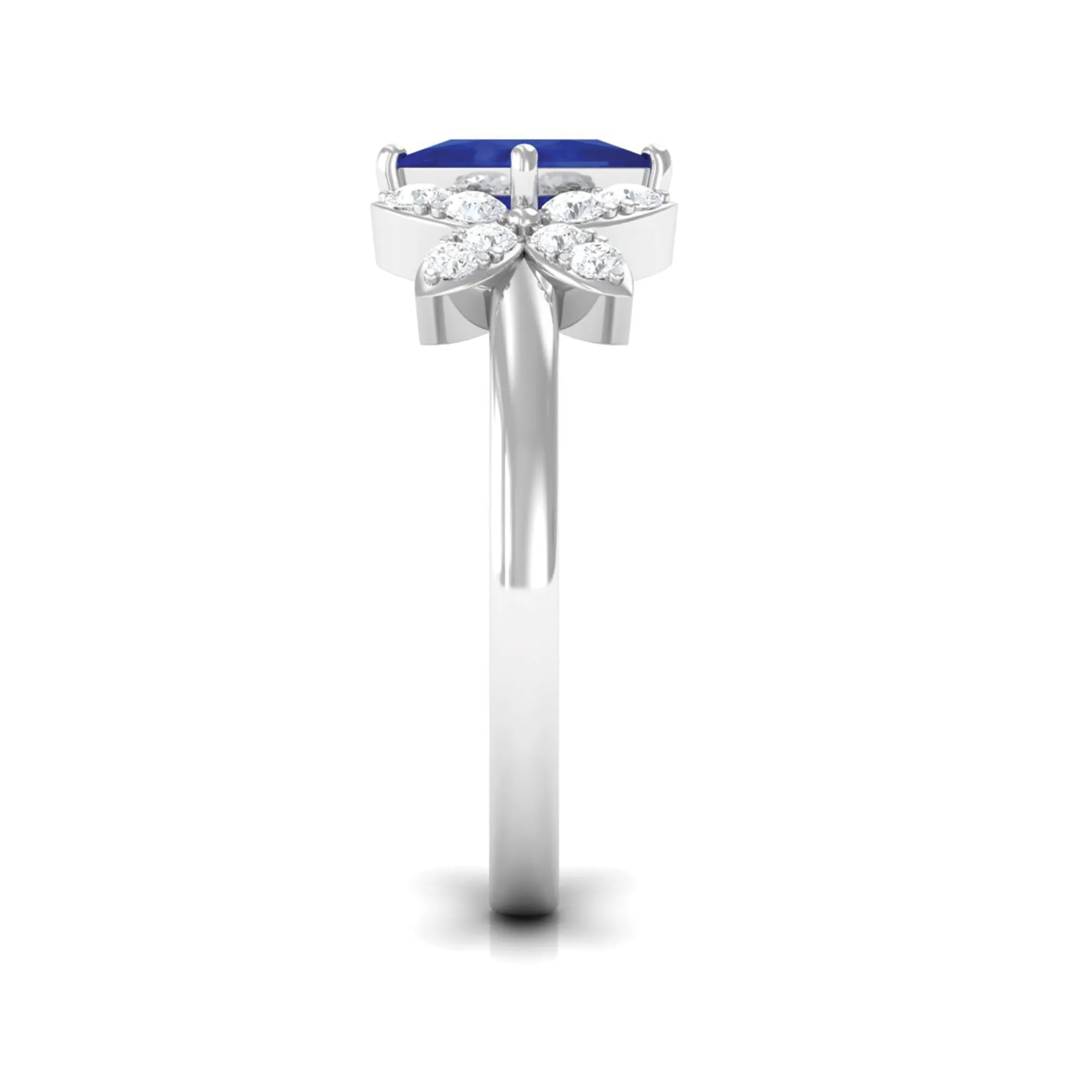 Princess Cut Created Blue Sapphire and Diamond Floral Engagement Ring