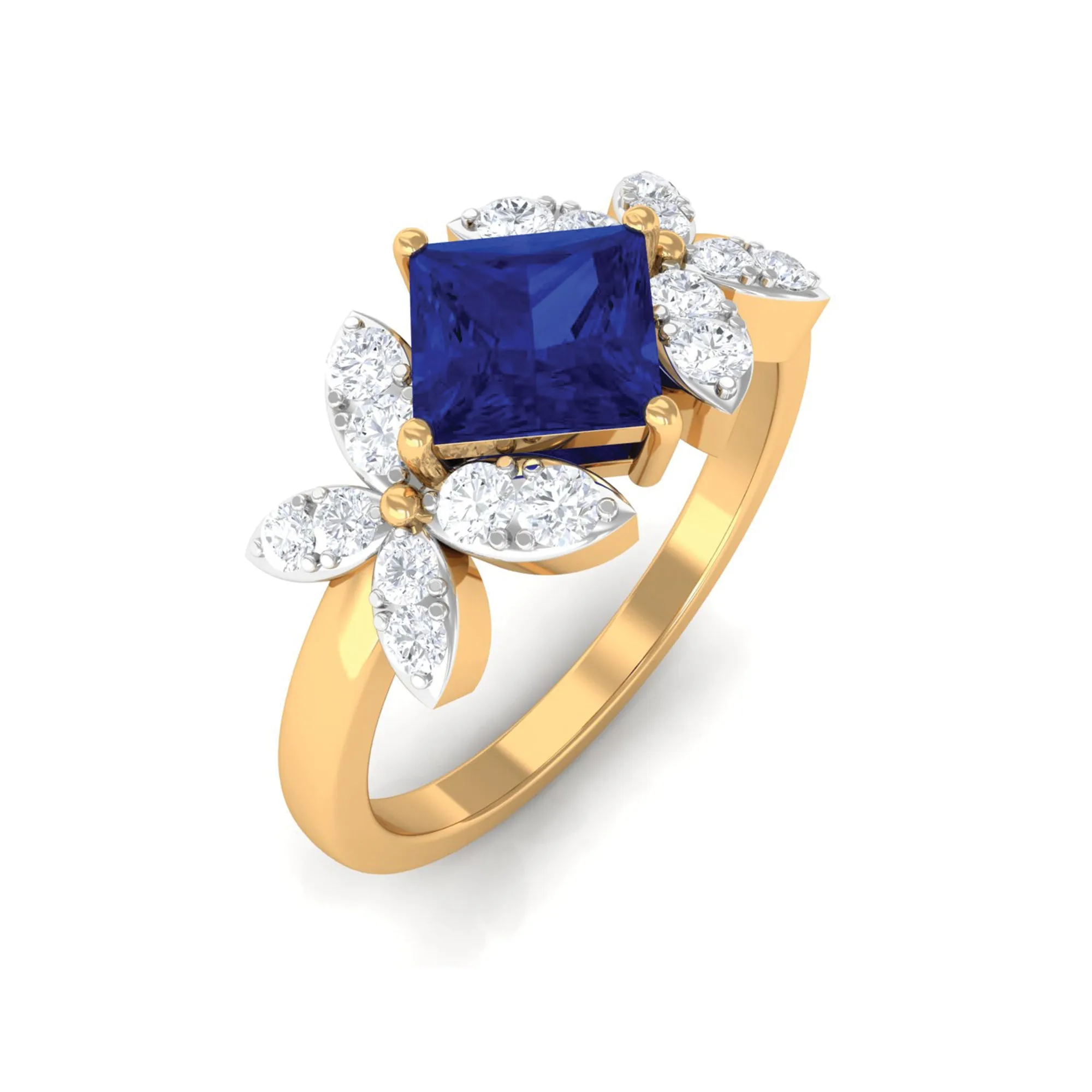 Princess Cut Created Blue Sapphire and Diamond Floral Engagement Ring