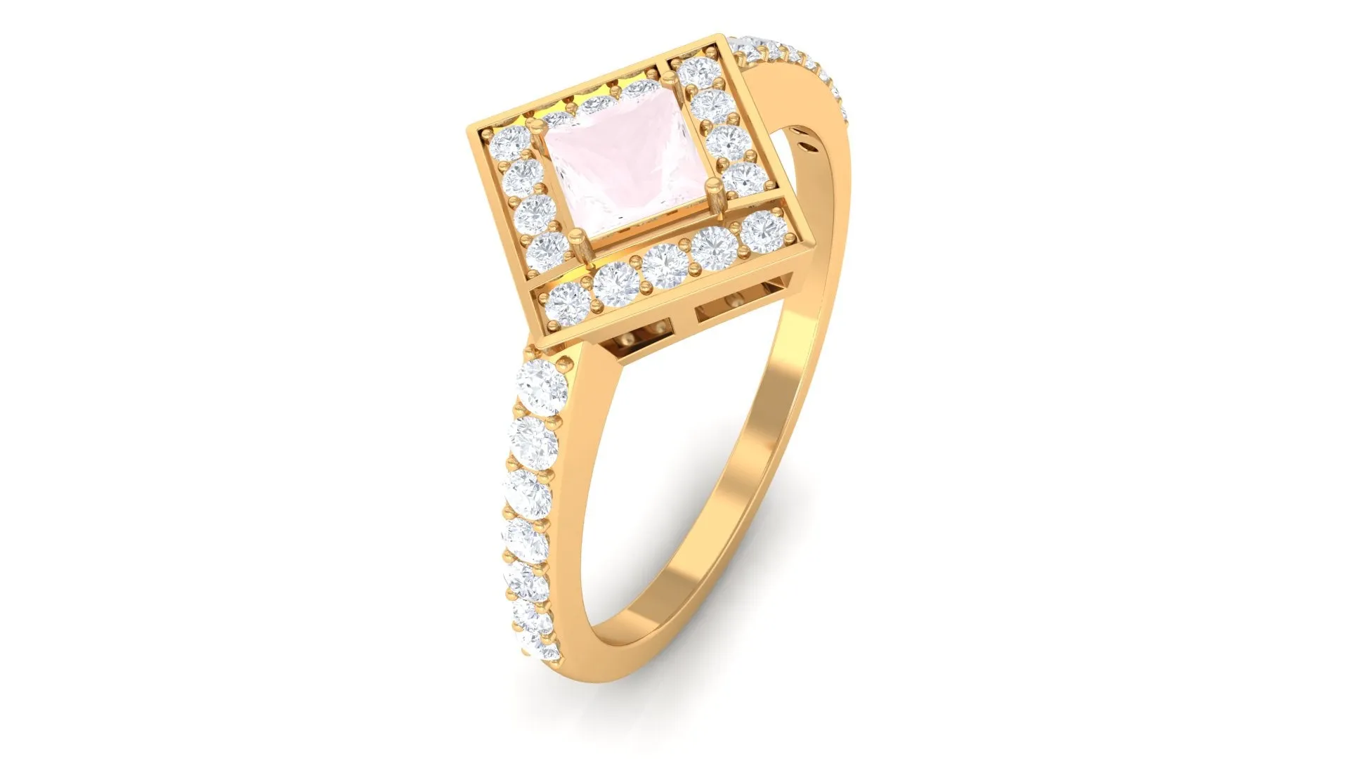 Princess Cut Rose Quartz Geometric Ring with Diamond Accent