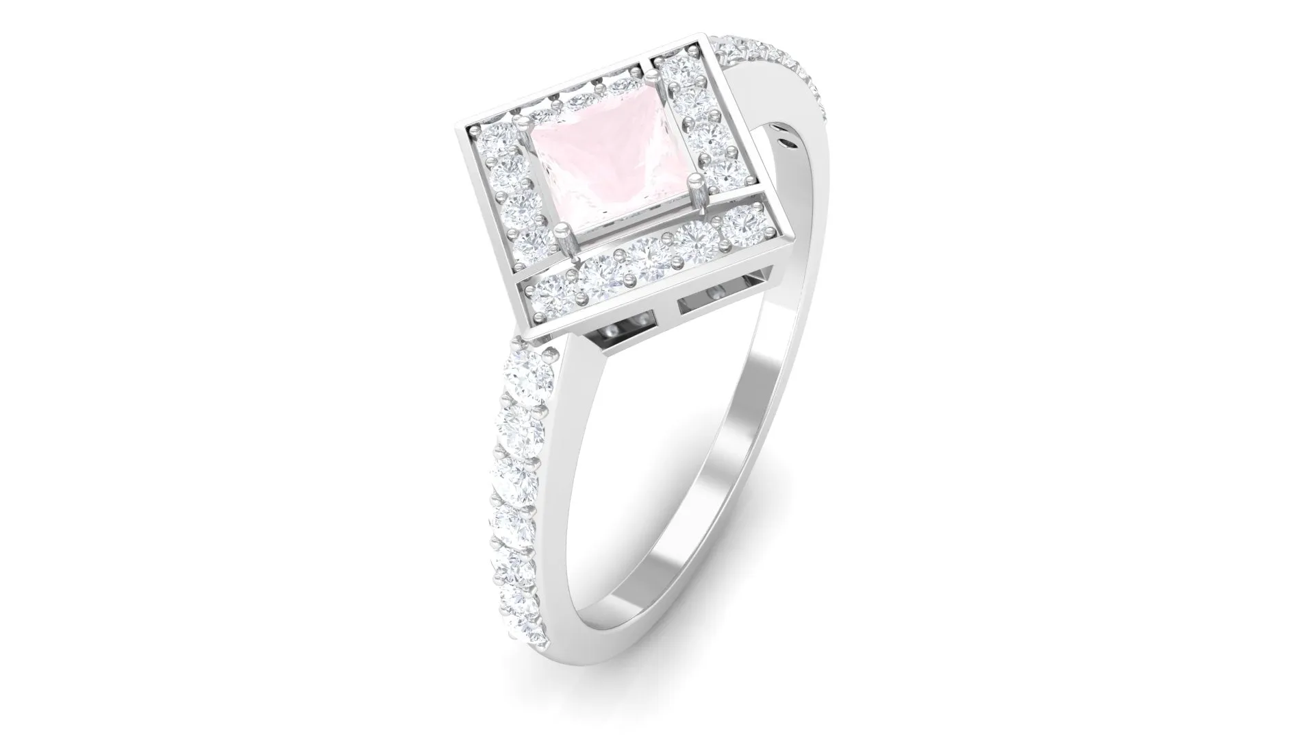 Princess Cut Rose Quartz Geometric Ring with Diamond Accent