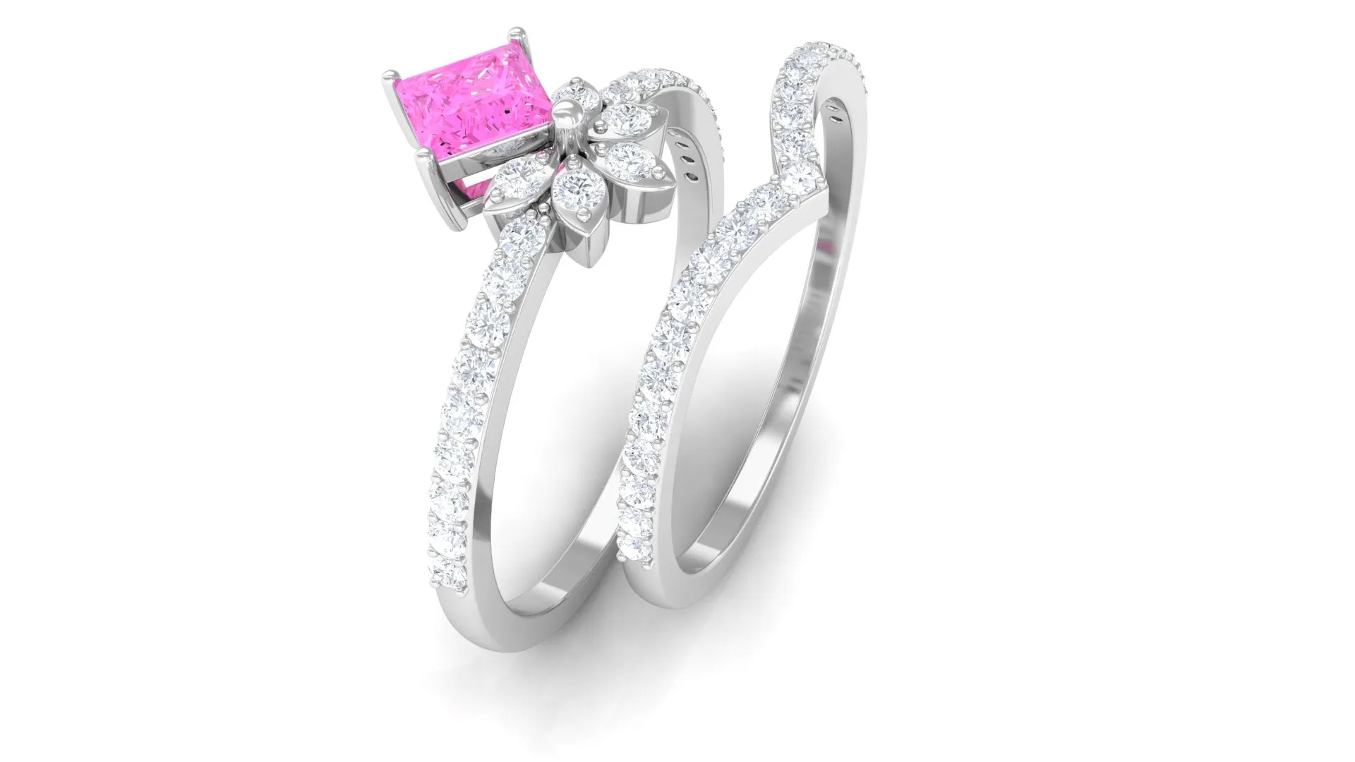 Princess Pink Sapphire Designer Flower Ring Set with Diamond