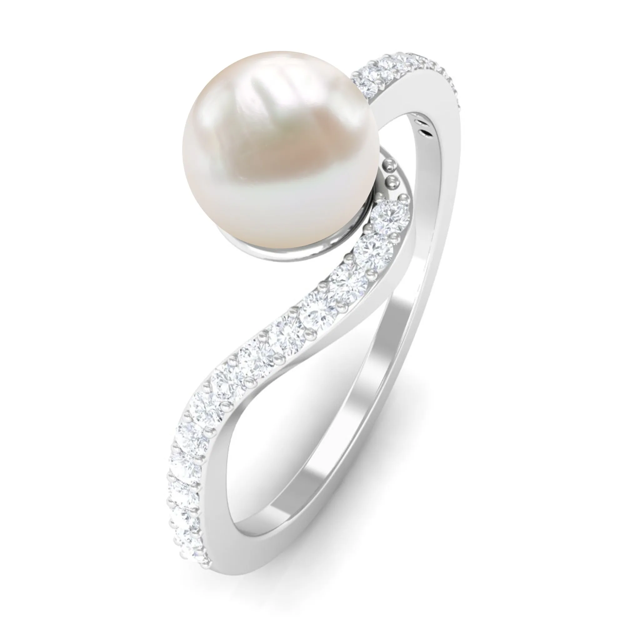 Pure Freshwater Pearl Minimal Bypass Engagement Ring with Diamond