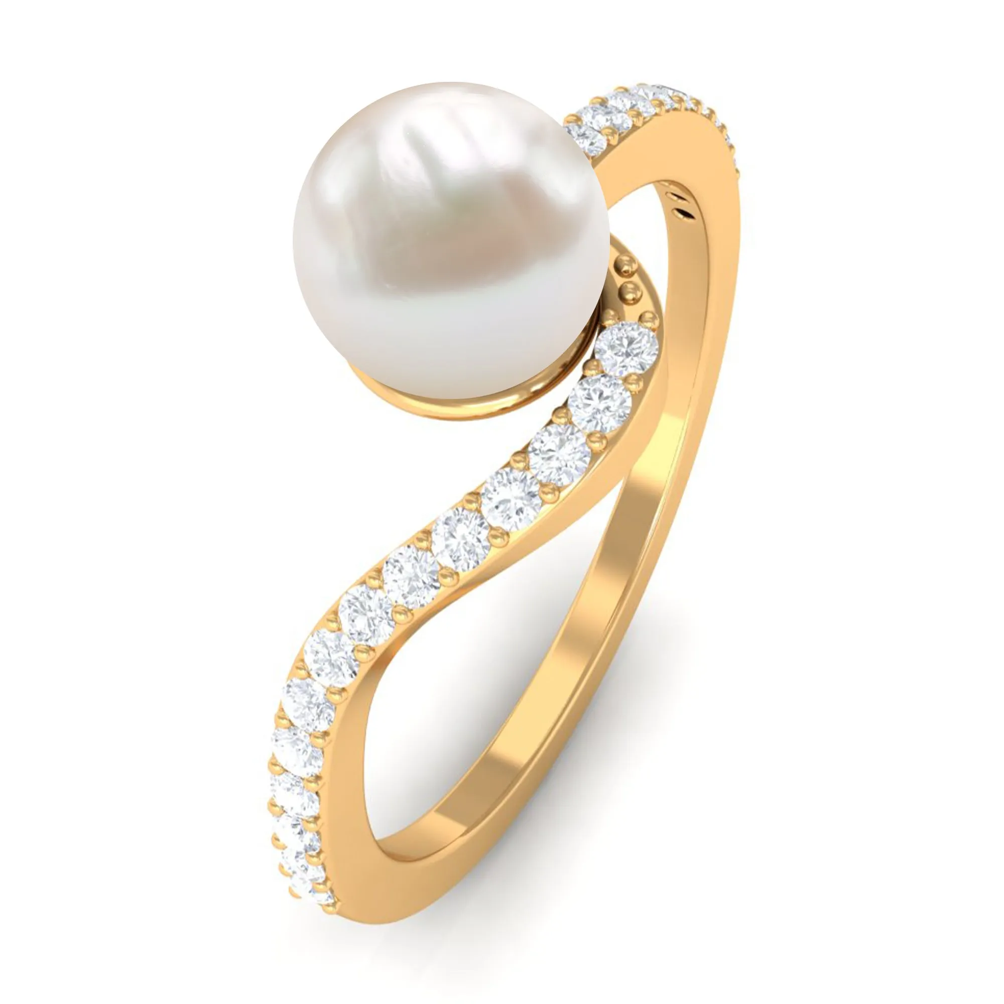 Pure Freshwater Pearl Minimal Bypass Engagement Ring with Diamond