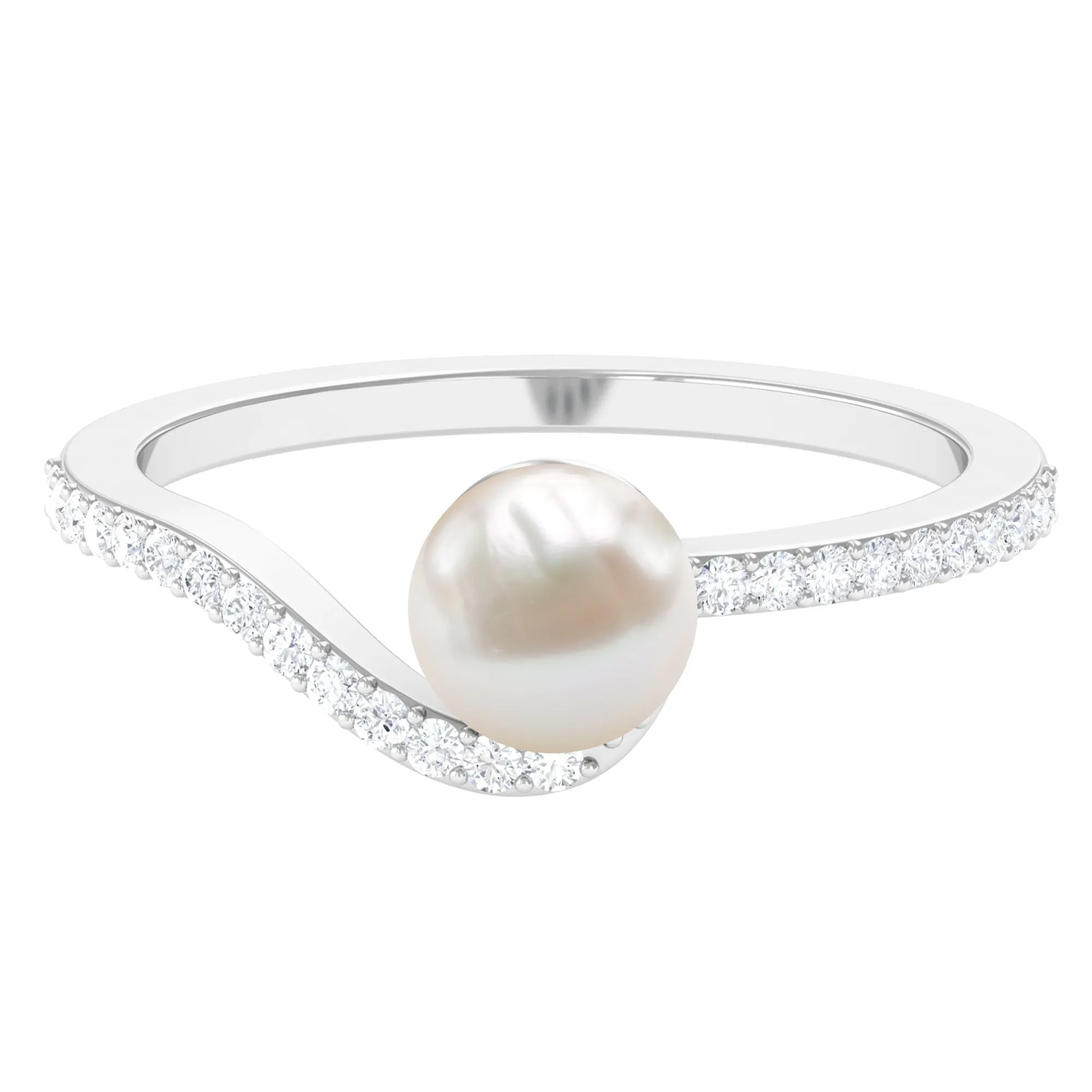 Pure Freshwater Pearl Minimal Bypass Engagement Ring with Diamond