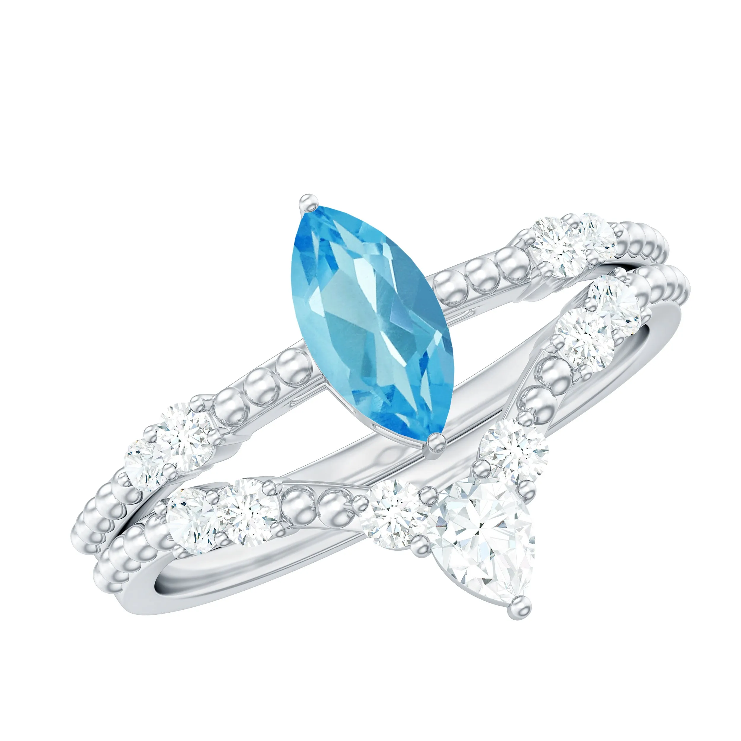 Real Swiss Blue Topaz and Moissanite Ring Set