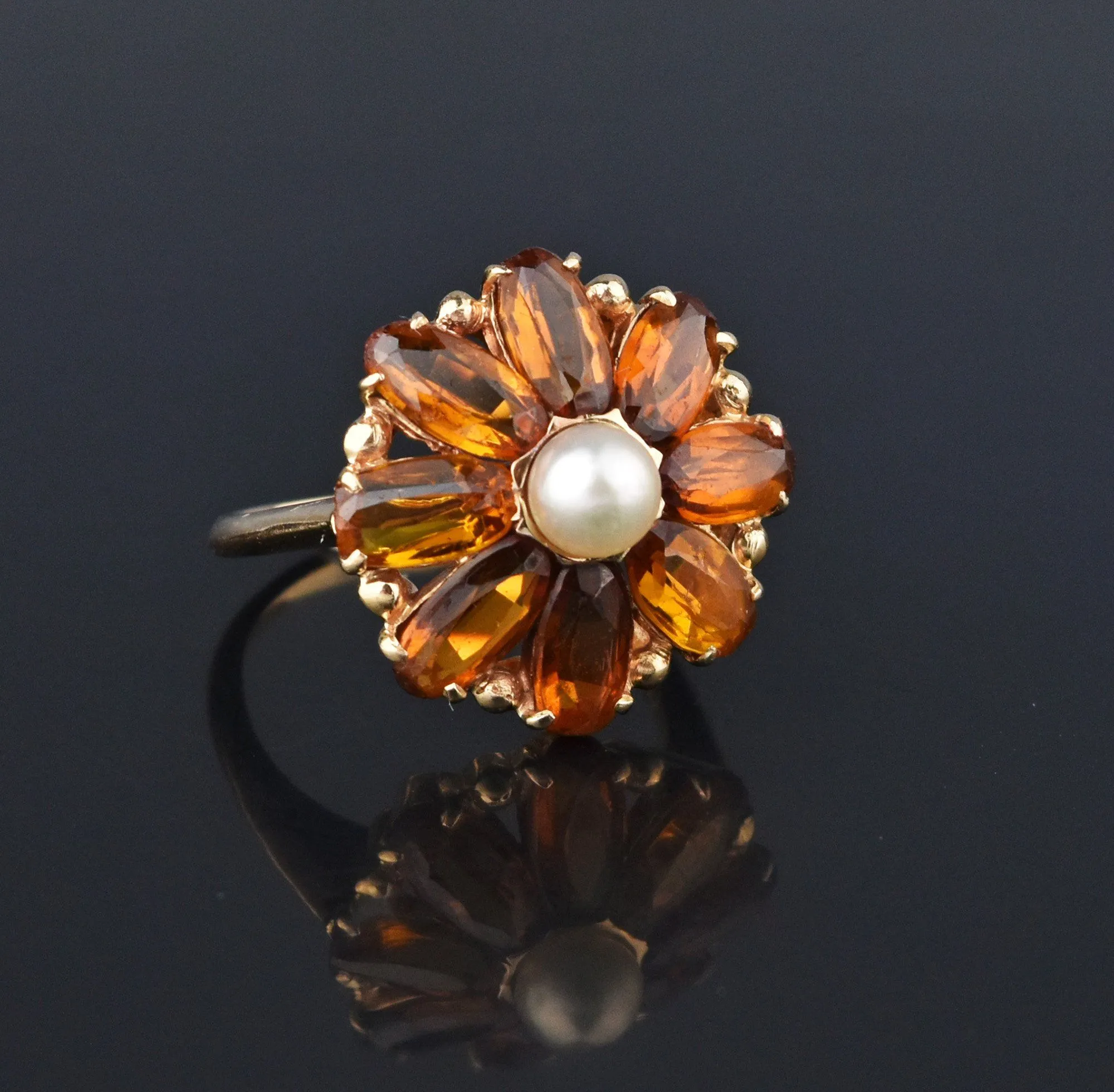 Retro Citrine Pearl 14K Gold Daisy Ring, Sz 7