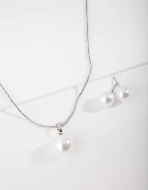 Rhodium Large Pearl Stud Necklace Earrings Set