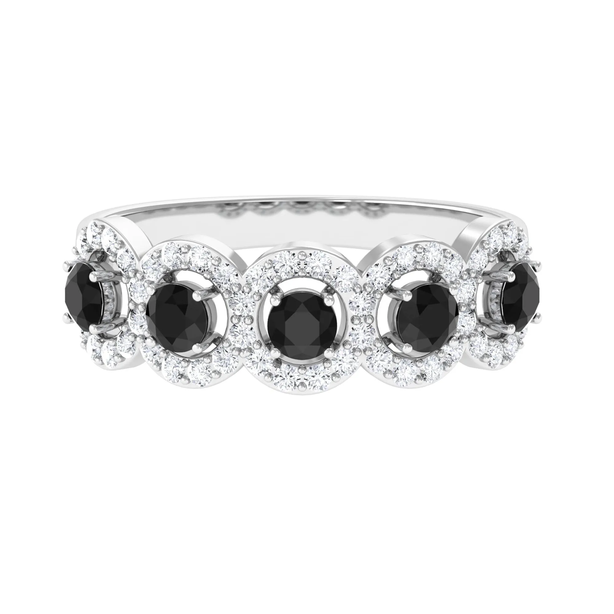 Round Black Diamond Classic Halo Half Eternity Band Ring with Moissanite