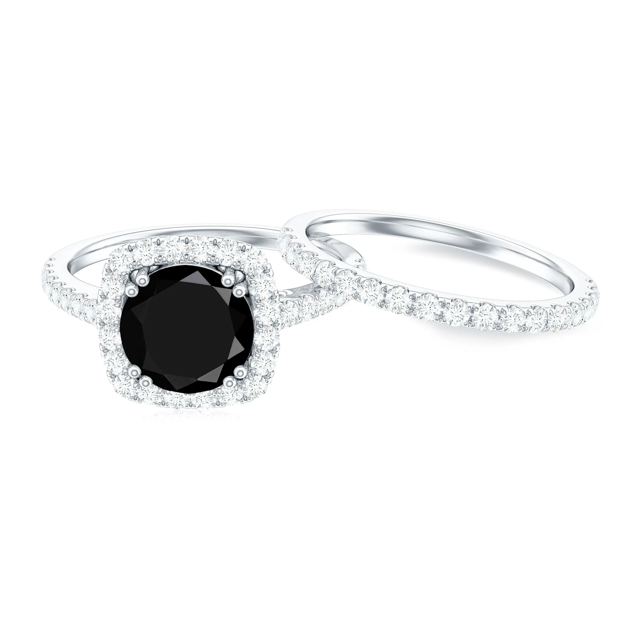 Round Created Black Diamond Classic Halo Ring Set with Moissanite