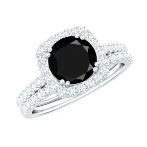 Round Created Black Diamond Classic Halo Ring Set with Moissanite